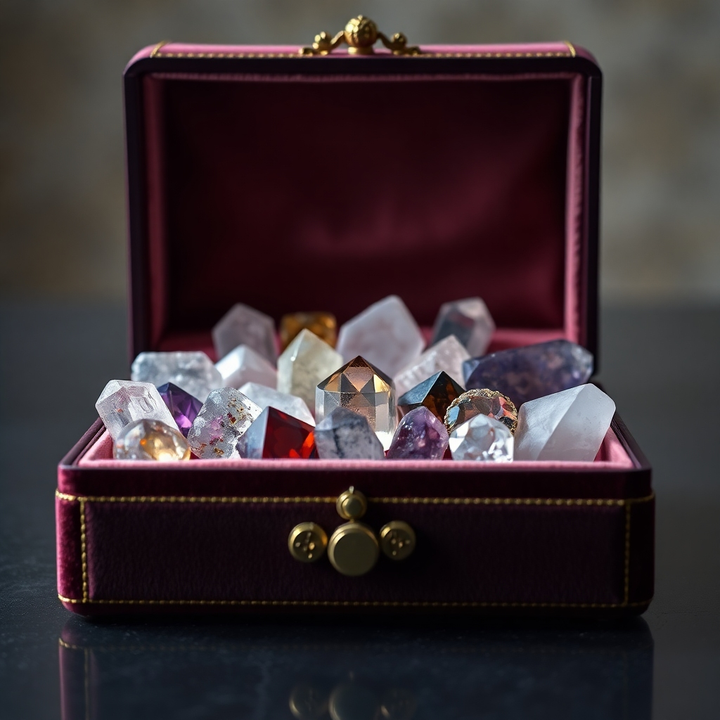 A meticulously arranged collection of various crystals and gemstones, carefully stored in a velvet-lined jewelry box. The box is elegantly designed, exuding sophistication and care.  The image should showcase the protective nature of the storage method and the beauty of the crystals within. The background should be subtly blurred, focusing attention on the crystals and their storage.