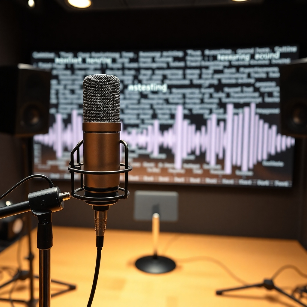 A microphone in a professional recording studio, with text being converted into sound waves on a digital display in the background. Soft lighting, 4k resolution.