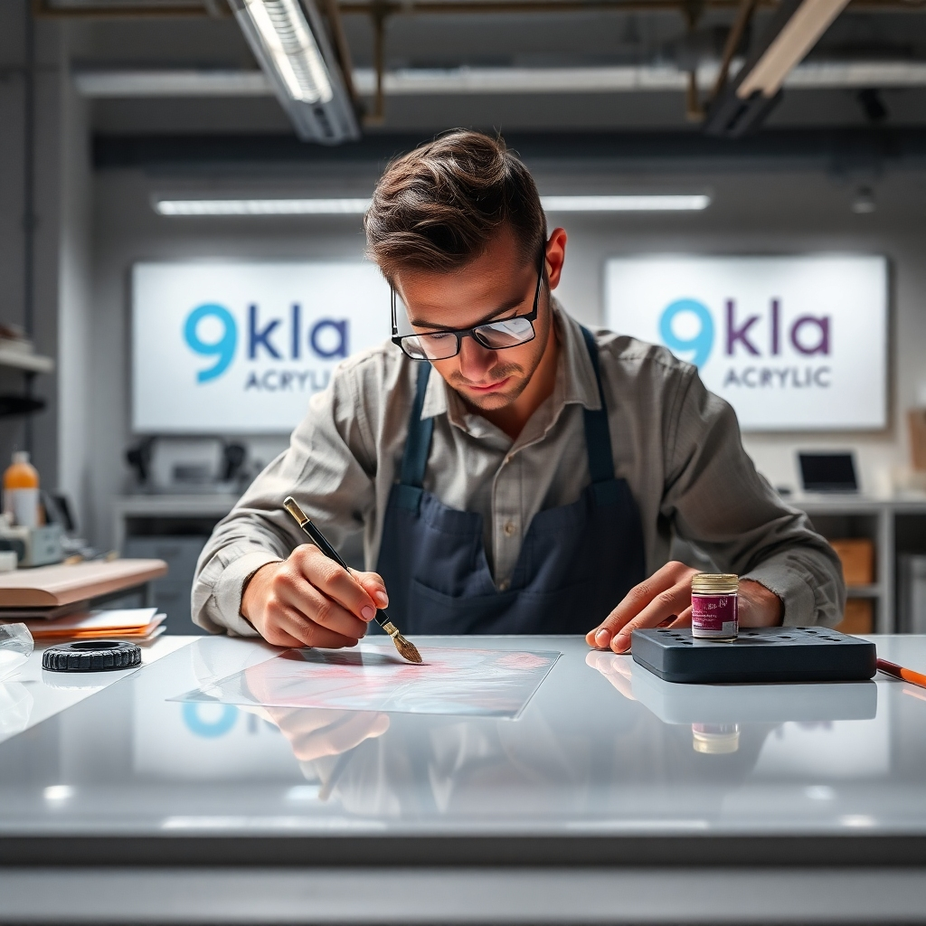 A modern, clean workspace showing a person expertly working with 9kla Acrylic products. They might be polishing a sheet, painting on an acrylic surface, or carefully assembling an acrylic component.  Include 9kla Acrylic branding subtly in the background and on the materials. The lighting should be professional, highlighting the craftsmanship and precision.
