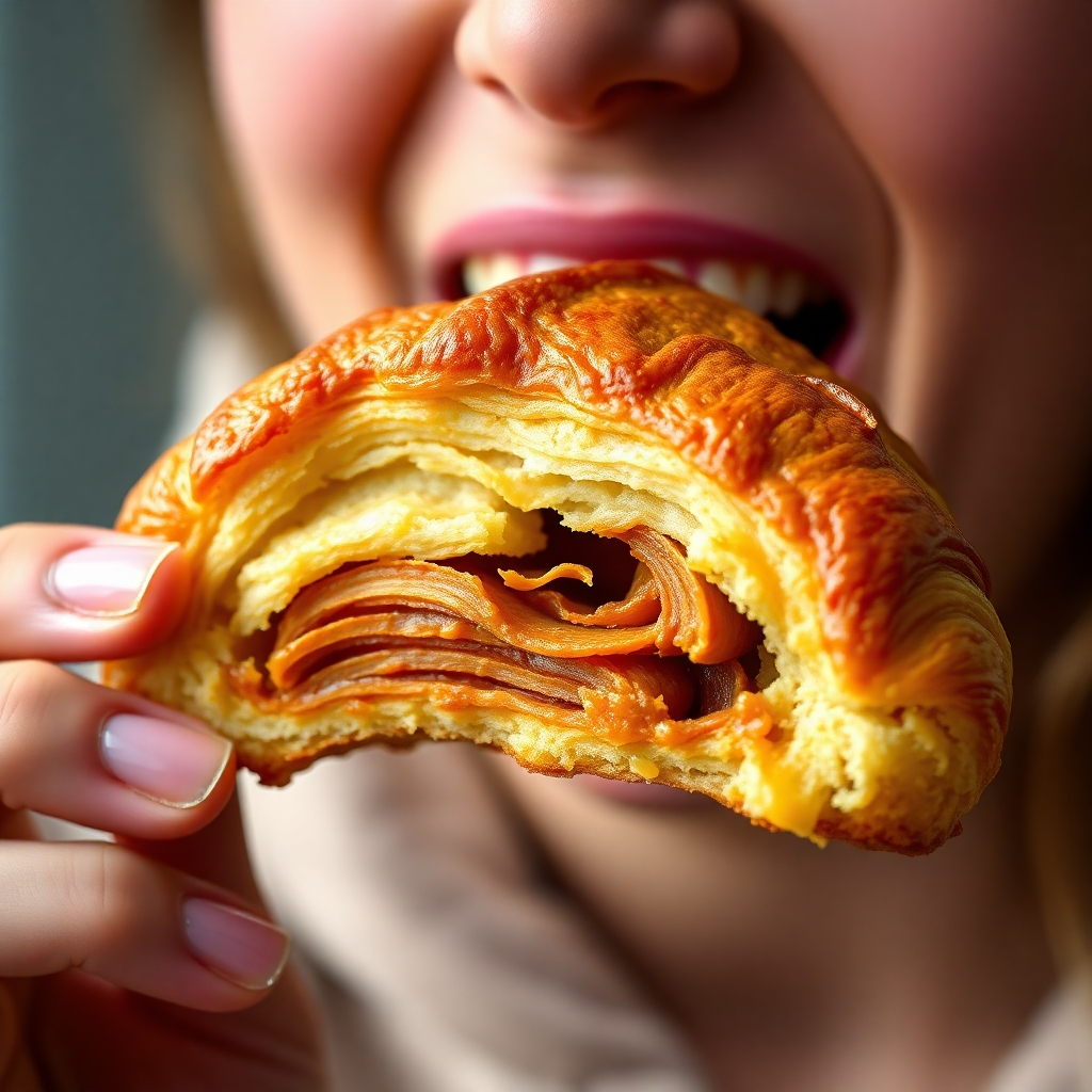 A mouth-watering photo of a person biting into a warm, freshly reheated croissant, showing layers and texture with golden-brown crust.  The background should be blurred to focus on the pastry and the expression of satisfaction on the person's face. The image should highlight the deliciousness and texture of the pastry.