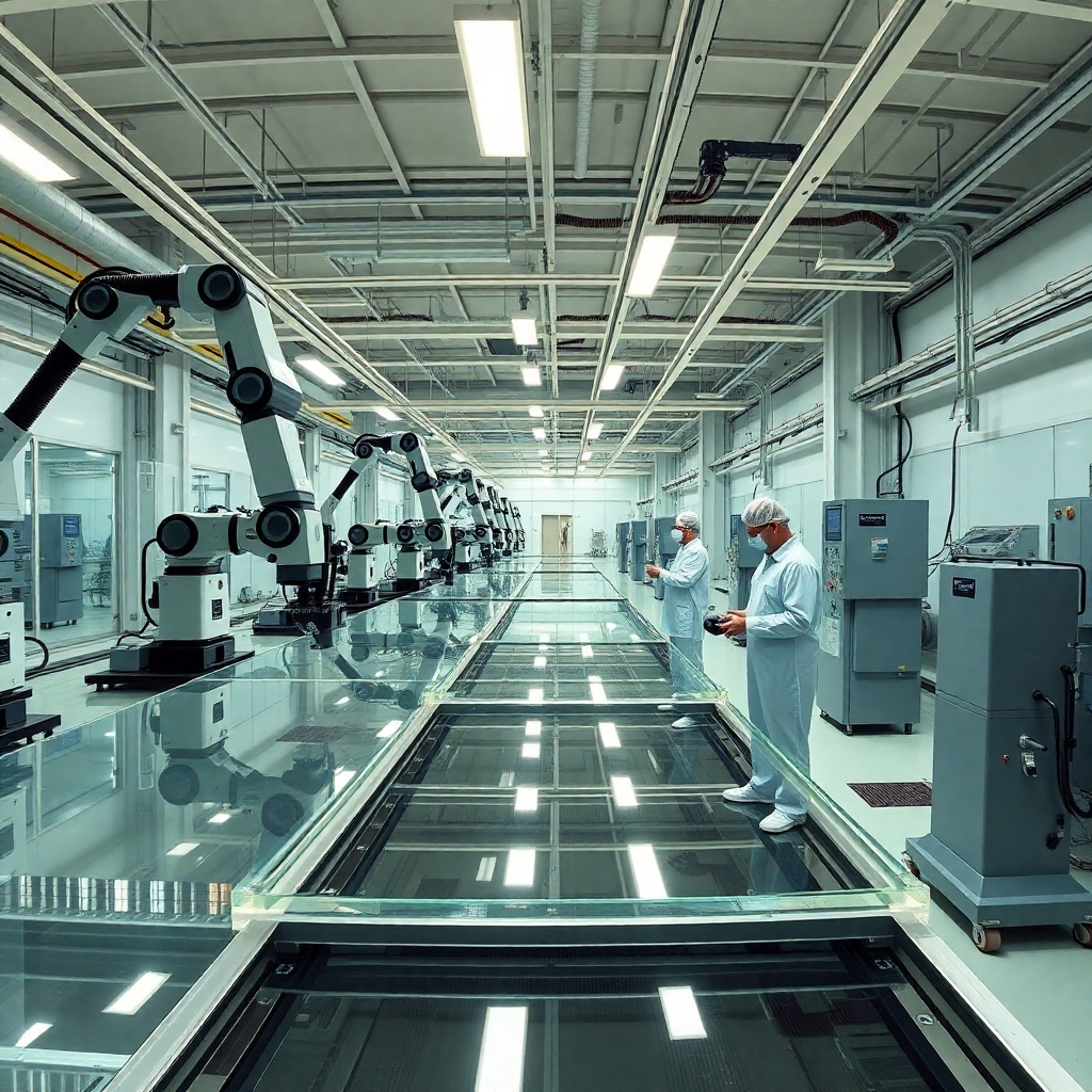 A panoramic view of a modern, clean acrylic manufacturing facility.  The image should depict advanced machinery, robotic arms precisely cutting and shaping acrylic sheets, and workers in cleanroom attire meticulously inspecting the finished products. The overall atmosphere should be one of high-tech precision and efficiency. The lighting should be bright and emphasize the modern technology.