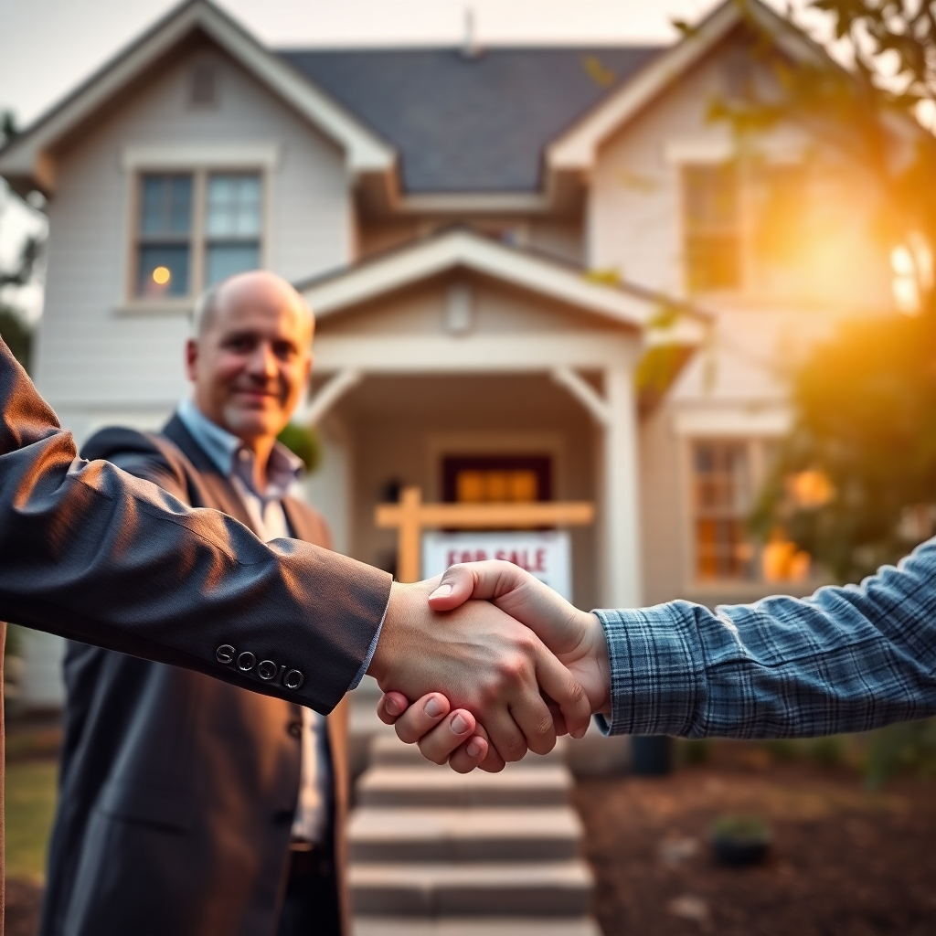 A person confidently shaking hands with a buyer in front of a house.  The background shows a well-maintained house with a 'For Sale' sign. The image should portray trust, confidence, and successful negotiation. Photorealistic style, warm lighting, sharp details