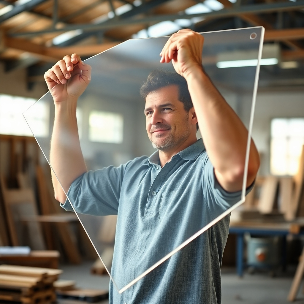 A person easily lifting a large, clear acrylic sheet. The background should be a construction site or workshop to emphasize the ease of handling. The lighting should be natural and well-lit, showing the transparency and lightness of the acrylic sheet.  The person's expression should convey ease and effortlessness.