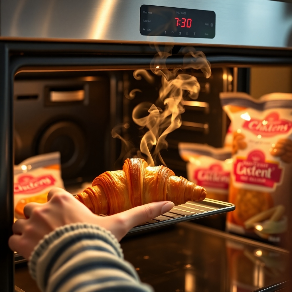 A person happily taking a croissant out of an oven, the steam rising showing it's fresh and ready to eat. In the background, there should be bags of frozen bakery products and a kitchen timer. The overall lighting should be warm and inviting, emphasizing the ease and convenience of using frozen bakery items. The image should focus on ease of use and time savings.