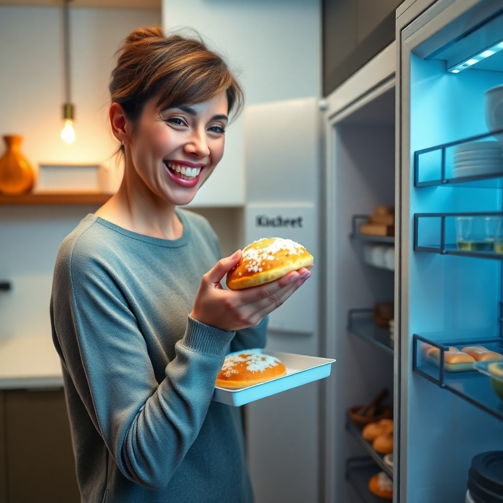 A person happily taking a frozen pastry out of a freezer. The pastry should be clearly visible, and the background should be a modern kitchen setting with minimalist and stylish design. The overall mood of the image should communicate convenience and efficiency.