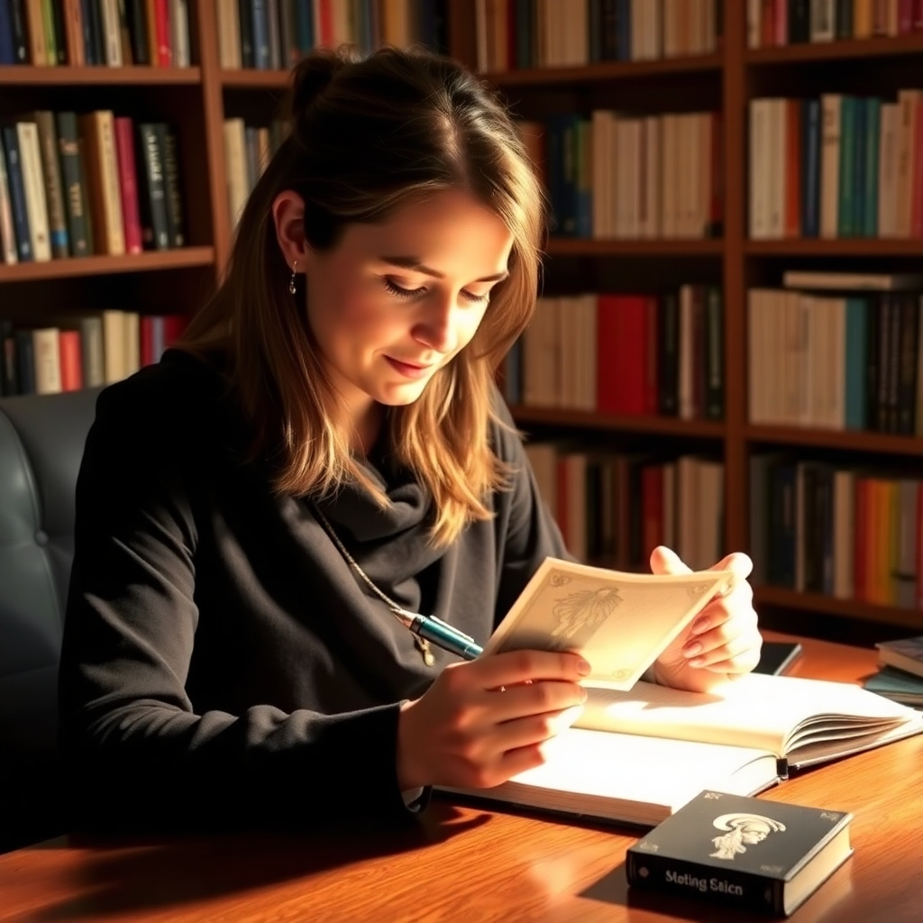 A person sitting at a desk, thoughtfully drawing an oracle card. The lighting is soft and warm, creating a peaceful atmosphere. The person is holding a journal and pen, taking notes on the card's meaning. Bookshelves filled with spiritual and self-help books are visible in the background. The image conveys a sense of introspection and self-discovery.