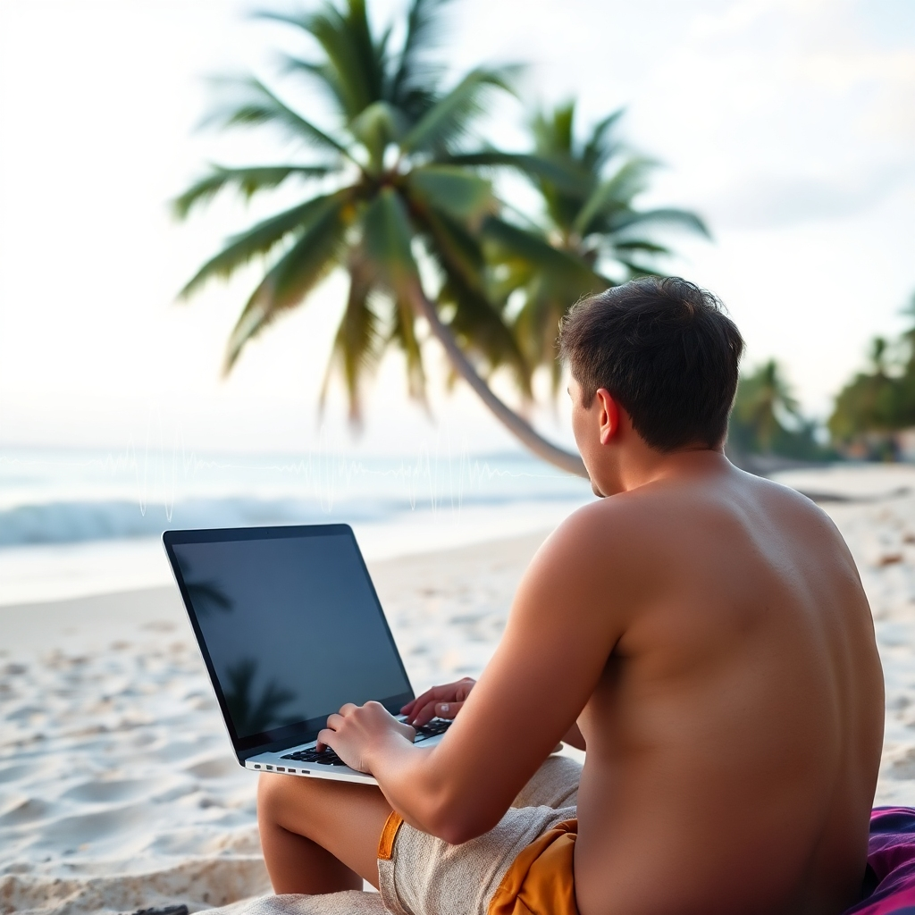 A person using a laptop on a tropical beach, with AI-generated sound waves emanating from the screen and blending with the natural sounds of the environment. The scene conveys freedom and accessibility, 4k resolution.