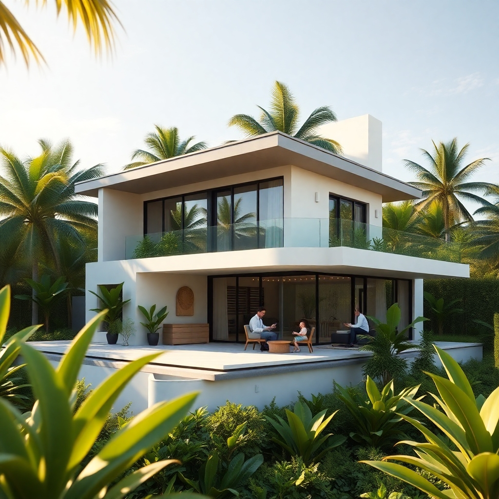 A photorealistic 3D rendering of a beautiful modern house nestled amongst tropical greenery.  The scene should be sun-drenched, and show a family enjoying the space.  The render should feature realistic lighting, shadows, and textures, highlighting the house's architectural details and landscape design. The style should be warm and inviting.