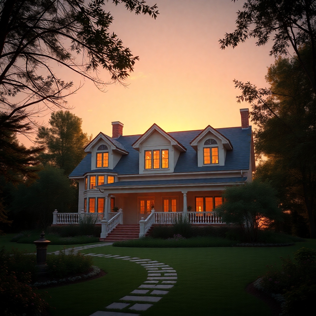 A photorealistic 3D rendering of a beautiful house at sunset. The image should be detailed, showing textures, reflections, and shadows realistically. The scene should be beautifully composed, with the house as the main focus. Include elements like surrounding trees, a garden, and a clear sky, enhancing the overall ambiance and creating a sense of depth and perspective.  The style should be warm and inviting.