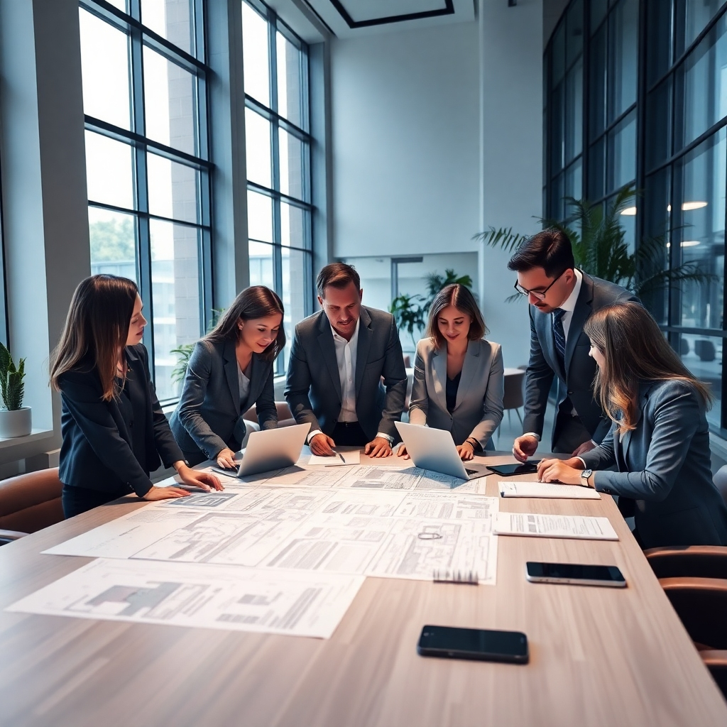 A photorealistic 8K image depicting a team of professionals in a modern, bright office, reviewing property documents and blueprints spread across a large table.  Soft diffused lighting creates a calm and professional atmosphere.  The color palette is muted and sophisticated, with blues, grays, and creams dominating. The camera angle is slightly elevated, showing the team engaged in discussion.  Texture and material details include the smooth surface of the table, the subtle grain of the wood in the office furniture, and the crispness of the documents.  Environmental elements include sleek modern architecture, large windows letting in natural light, and potted plants. Props include laptops, smartphones, and architectural models. The overall mood should feel trustworthy and professional.  Style reference: Similar to architectural photography by Iwan Baan.  The image should be ultra-detailed and hyperrealistic, focusing on the fine details and texture of the setting and materials.