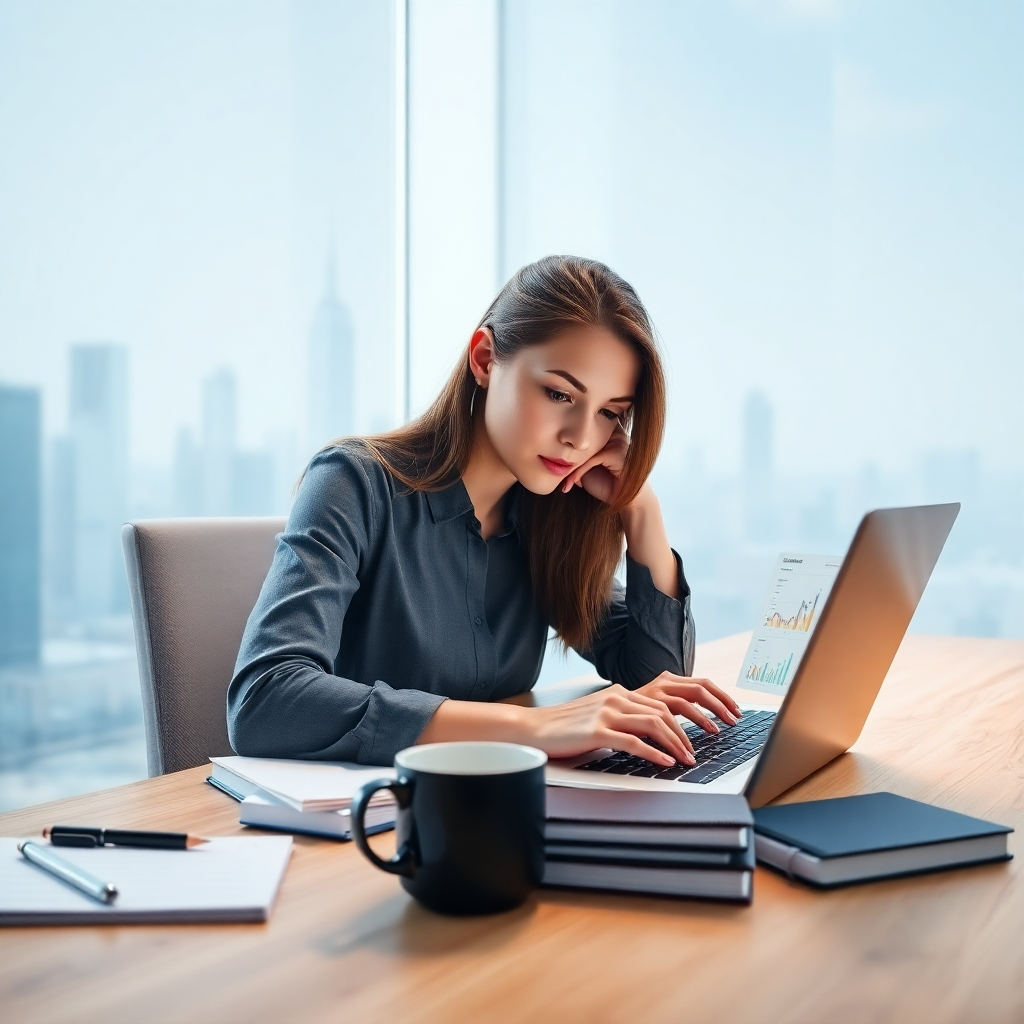 A photorealistic, 8K resolution image depicting a young, focused woman sitting at a modern desk in a brightly lit, minimalist office. She's intensely studying a laptop screen filled with market research data and keyword analysis charts. Soft diffused lighting illuminates the scene, creating a calm and productive atmosphere. The color palette is a mix of cool blues and greens, representing data analysis, and warm oranges and yellows, suggesting creativity and financial success. The camera angle is slightly elevated, looking down on the woman, emphasizing her concentration. The desk is made of light oak wood with a subtle grain texture, and the laptop is sleek and silver.  She's surrounded by neatly organized notebooks, pens, and a steaming mug of coffee. The background features a blurred city skyline, suggesting a connection to a larger market. The overall mood is one of confident determination and meticulous planning.  The image style should emulate the work of Annie Leibovitz, combining her portraiture expertise with a modern technological aesthetic.  The image should be ultra-detailed, with realistic reflections on the laptop screen and textures on the desk.  The background should be slightly out of focus to draw the eye to the subject.