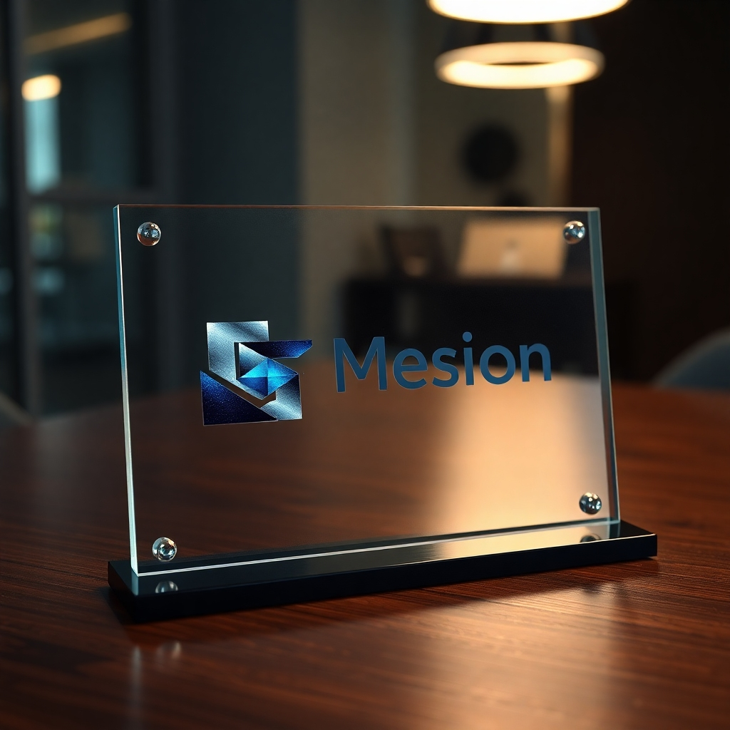 A photorealistic, 8K resolution image of a sleek, modern acrylic plaque with a meticulously laser-engraved company logo. The logo is a stylized abstract design incorporating geometric shapes and gradients, rendered in a deep, rich blue and metallic silver. The plaque sits on a dark wooden table, illuminated by soft, diffused lighting that accentuates the texture and depth of the engraving. The background is subtly blurred, with a hint of a modern office environment. The camera angle is slightly elevated, looking down at the plaque from a 45-degree angle, highlighting the quality of the engraving. The overall mood is sophisticated and professional. The image should be hyperrealistic, capturing the subtle reflections and transparency of the acrylic material.  The style should evoke a sense of high-end branding and corporate identity, similar to the work of renowned product photographers such as Michael Freeman or Matthew Jordan Smith. The image emphasizes texture and detail, showing the smooth surface of the acrylic and the crisp lines of the laser engraving. The color palette is rich and saturated, focusing on the deep blues and silvers of the logo, which contrasts with the warm brown of the wooden table.