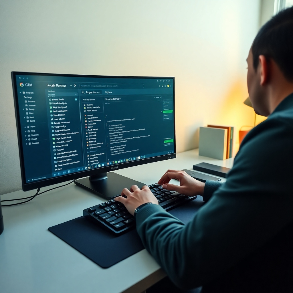 A photorealistic, 8K resolution image showing a clean, well-organized workspace where a developer is working on a Google Tag Manager interface.  The screen displays various tags and triggers in a logical and easy-to-understand manner. Soft, diffused lighting creates a calm and productive atmosphere. The color scheme is a blend of calming greens and blues with highlights of a warm yellow, reflecting the creativity and problem-solving nature of the work. The camera angle is over-the-shoulder, focusing on the developer’s hands actively working on the GTM interface. The developer is wearing a stylish, modern outfit, reflecting a professional yet approachable image.  The workspace includes a sleek, modern desk with a high-end mechanical keyboard and a large monitor. Subtle background details might include some books on web development and digital marketing. The image evokes feelings of efficiency, organization, and expertise in data management. Style reference:  A clean and minimalist aesthetic, reminiscent of Google’s own marketing imagery. Focus on detailed textures, particularly on the keyboard and the screen’s display.
