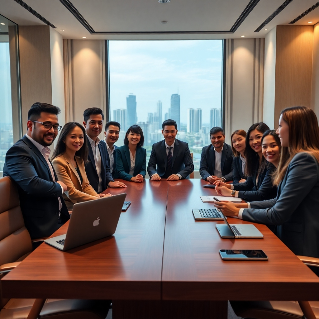 A photorealistic, 8K resolution image depicting a diverse group of successful-looking real estate agents, dressed in smart casual attire, collaborating around a large table in a modern, luxurious Pattaya office. Soft, diffused lighting creates a warm and inviting atmosphere. The color palette is sophisticated and calming, with earth tones and pops of teal.  The camera angle is slightly elevated, showcasing the team dynamics. Detailed textures are visible on the wooden table, leather chairs, and high-end electronic devices.  Pattaya's iconic skyline is visible through a large window in the background, adding context. The image should evoke a sense of professionalism, collaboration, and success.  The style should be inspired by the clean and modern aesthetic of architectural photography, similar to the work of renowned architectural photographers such as Iwan Baan. The image should also be hyperrealistic and ultra-detailed, showcasing the individual features of each agent and the environment.