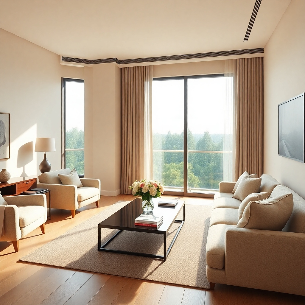 A photorealistic, 8K resolution image depicting a modern, stylish condominium living room bathed in soft, diffused morning light.  The scene should feel bright and airy, with a calm and welcoming atmosphere. The color palette should be warm and neutral, with beige walls, light wood flooring, and tasteful, minimalist furniture. The composition should focus on a comfortable seating area, with a plush sofa, armchairs, and a coffee table with a vase of fresh flowers. A large window provides a view of a lush green landscape.  Fine details like textured fabrics, the sheen of polished wood, and the subtle reflections of light on glass surfaces should be hyperrealistic. The camera angle is slightly elevated, offering a broad perspective of the space, in the style of a professional real estate photographer.  The scene should exude a sense of tranquility and upscale living. Include elements such as a subtle art piece on the wall and books on the coffee table. The overall mood should convey a sense of sophisticated, comfortable living. 
