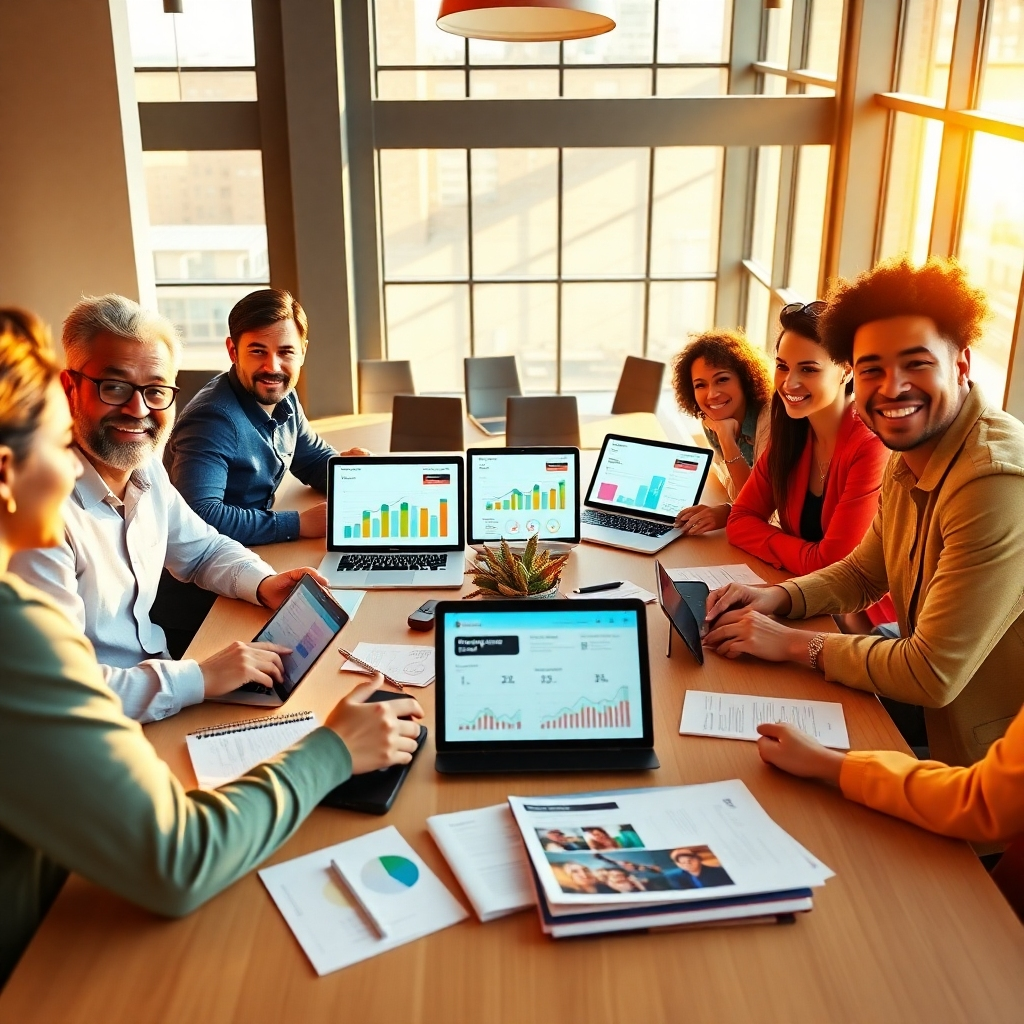 A photorealistic, 8K image showcasing a diverse team of digital marketers collaborating around a large table in a vibrant, modern office space.  The scene is illuminated by warm, inviting sunlight streaming through large windows.  The table displays various digital devices - laptops, tablets, smartphones - displaying graphs, social media dashboards, and website analytics. The color palette is energetic and optimistic, featuring bright, clean colors representing different digital marketing platforms. The camera angle is slightly high, offering a dynamic view of the collaborative process. The style should emulate the work of Platon, capturing the collaborative energy and the innovative spirit of the team. The mood is uplifting and optimistic, reflecting success. The team is diverse in age and ethnicity. Various marketing materials like brochures, reports and brand guidelines are subtly placed on the table.  The background features a modern, open-plan office. The textures include smooth surfaces, soft fabrics and the subtle texture of paper documents. The level of detail is hyperrealistic, capturing the nuances of expressions on each team member’s faces, the subtle reflections on the devices, and the intricate details of the marketing materials.