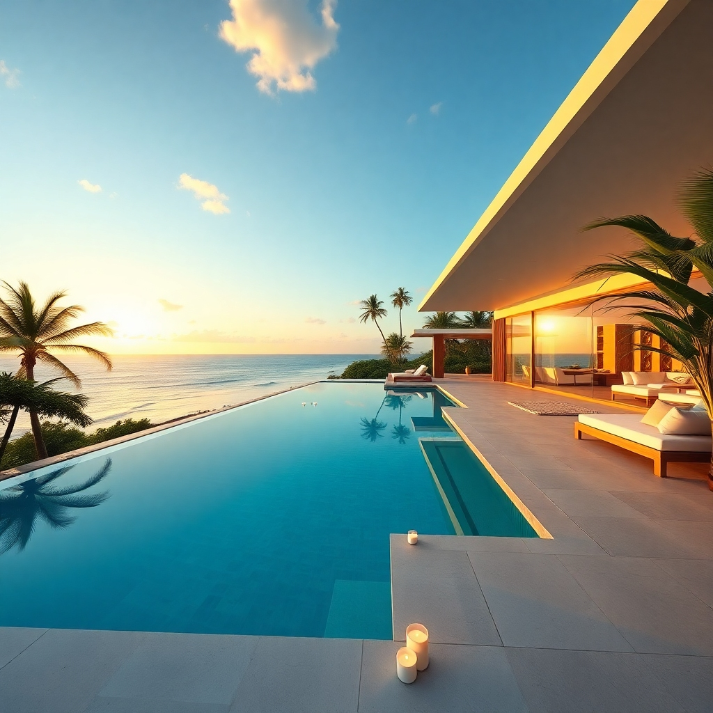 A photorealistic, 8K resolution image depicting a luxurious pool villa in Pattaya, Thailand.  The villa should feature a large, infinity-edge swimming pool with crystal-clear turquoise water, overlooking a stunning ocean vista at sunset. The scene is bathed in warm, golden light, creating a tranquil and inviting atmosphere. The villa itself is modern, minimalist design with clean lines and expansive glass windows showcasing the view. Materials include polished concrete floors, teak wood accents, and plush white furnishings. The pool deck is made of smooth, light-grey stone. Lush tropical greenery surrounds the villa, enhancing its serene ambiance. The composition should be a wide shot, showcasing the entire villa and its surroundings. The camera angle is slightly elevated, providing a majestic view. The style is reminiscent of the work of renowned architectural photographer Iwan Baan, emphasizing clean lines and stunning natural light. The image should exude a sense of calm, luxury, and exclusivity.  Ultra-detailed textures, reflections, and shadows are crucial for a hyperrealistic effect.  Include subtle details such as floating candles on the pool,  and a gentle breeze ruffling the palm trees.