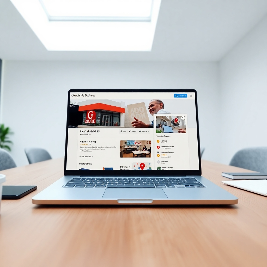 A photorealistic, 8K resolution image depicting a laptop displaying a meticulously crafted Google My Business profile page. The screen showcases a vibrant, professional photo of a business, accurate address details, positive customer reviews, and high star rating. Soft, diffused lighting illuminates the scene from above. The color palette is clean and modern, with subtle accents of the business's brand colors. The perspective is a high-angle shot, offering a clear view of the screen's content. The laptop rests on a sleek, modern desk in a minimalist, bright office setting. The texture of the metal laptop, the wood of the desk, and the soft fabric of the surrounding area are hyperrealistic.  The overall mood conveys professionalism, trust, and success. The image should be in the style of a high-end corporate photography, emphasizing cleanliness and precision. Include small details like a well-organized desktop and subtly branded elements to showcase the business's professionalism and attention to detail.