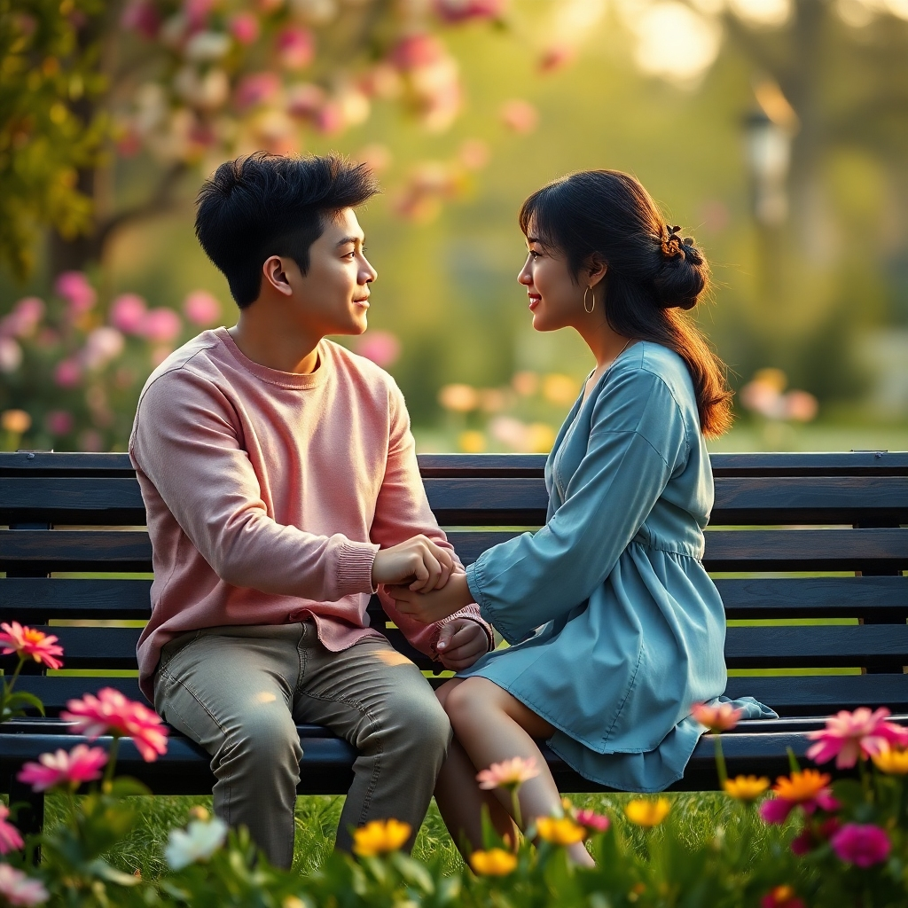A photorealistic, 8K resolution image depicting a young couple holding hands, gazing lovingly at each other. Soft diffused lighting creates a warm, romantic atmosphere. The color palette consists of soft pinks, peaches, and golds, reflecting a tender and hopeful mood. The camera angle is slightly elevated, looking down at the couple from a gentle distance.  The couple is sitting on a park bench in a lush garden with vibrant flowers and soft green grass.  The textures are highly detailed, showing the soft fabric of their clothes and the intricate details of the flowers.  The background is slightly blurred, focusing attention on the couple. In the style of Annie Leibovitz, emphasizing a natural, candid feel.  The overall impression should be one of serenity and affection.  The scene should have a subtle magical glow around the couple, hinting at the mystical aspect of the prediction.
