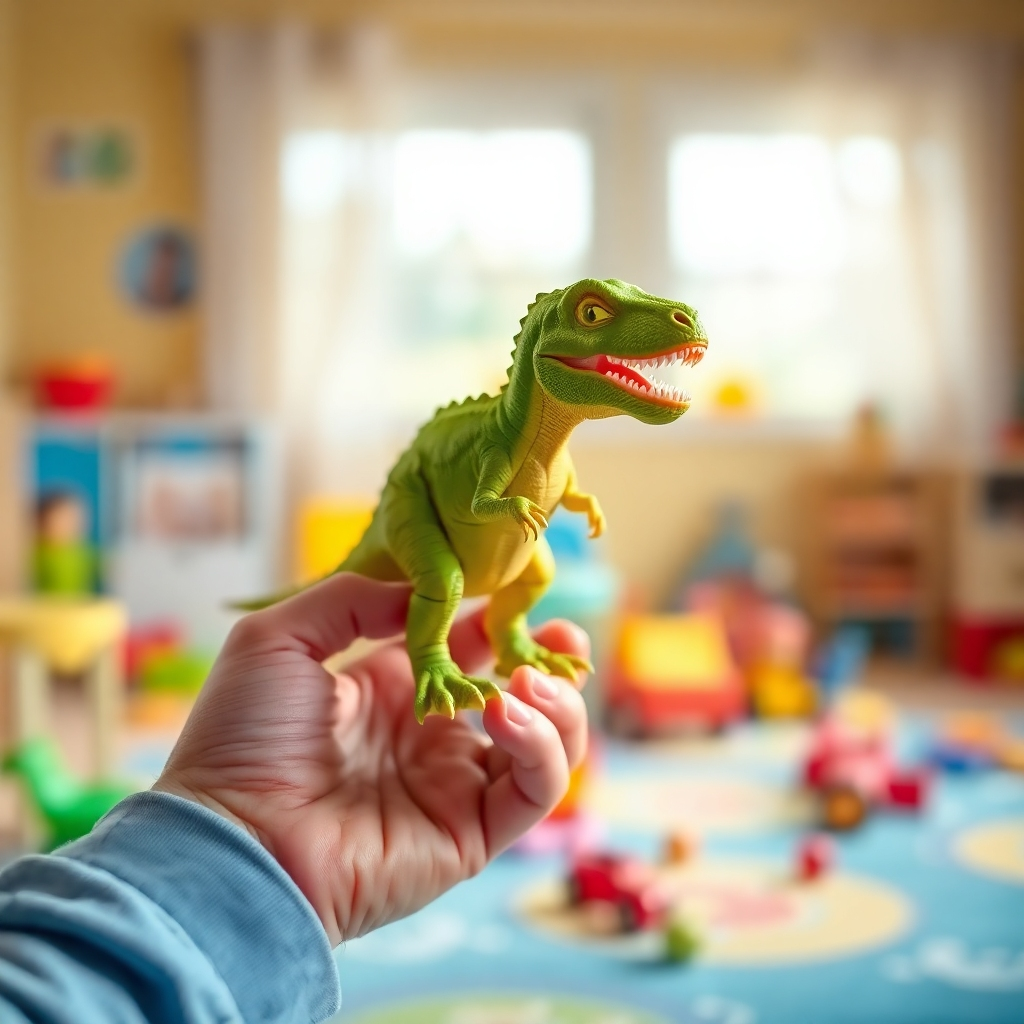 A photorealistic, 8K resolution image of a child's hand gently holding a vibrant, 3D-printed toy dinosaur. The dinosaur is meticulously detailed, showcasing the texture of PLA plastic with subtle highlights and shadows.  The background is a softly blurred, out-of-focus image of a brightly lit children's playroom with toys strewn about.  The lighting is soft and diffused, creating a warm and inviting mood. The color palette is cheerful and vibrant, dominated by bright greens, blues, and reds. The camera angle is slightly low, looking up at the child's hand and the dinosaur. The overall style is reminiscent of the work of Annie Leibovitz, emphasizing natural light and candid composition. The image should have a shallow depth of field, with a smooth bokeh effect in the background.  The material should appear smooth to the touch, with a slightly glossy finish. The scene is filled with a feeling of joy and wonder. The dinosaur is approximately 5 inches tall and exhibits complex details, including scales, claws, and teeth.