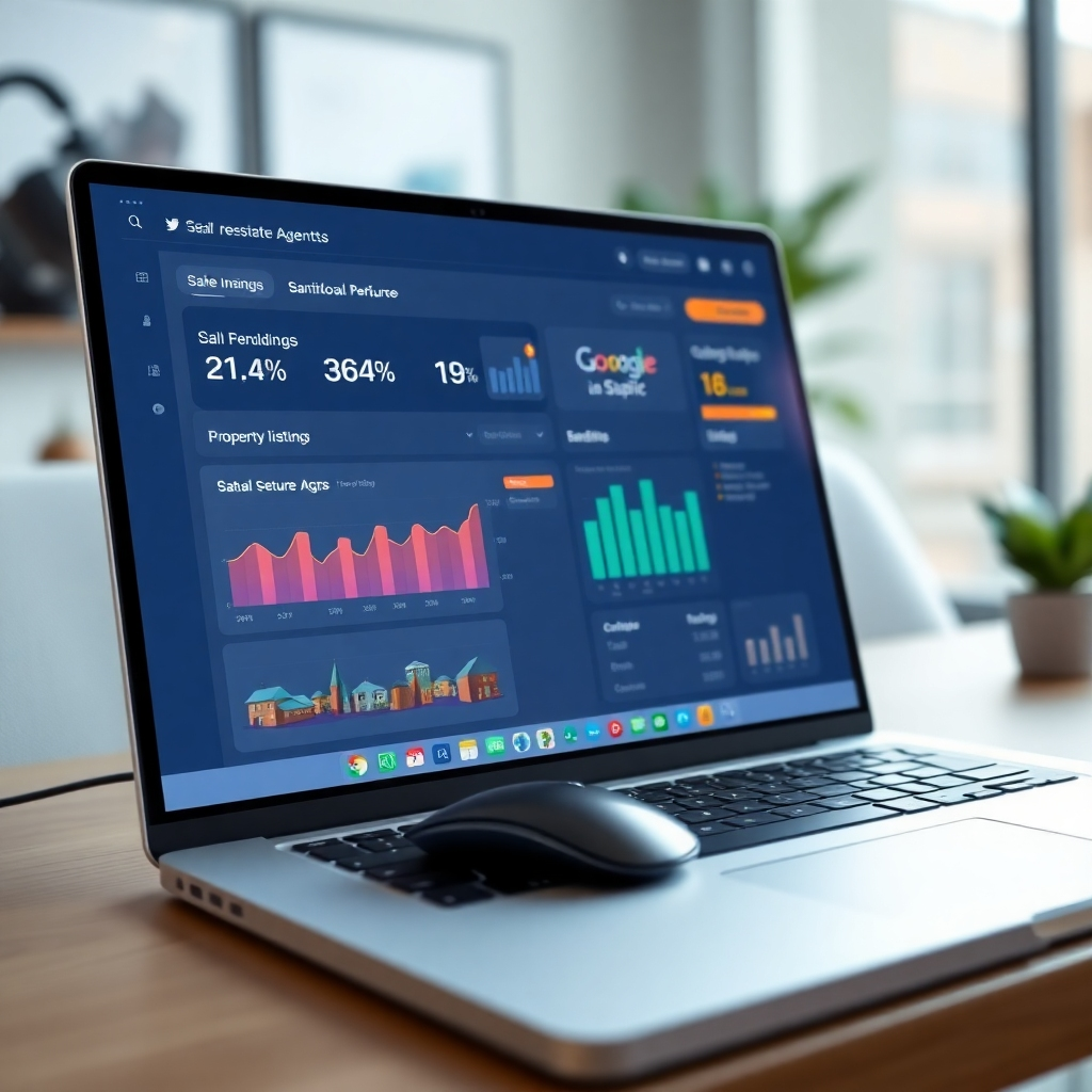 A photorealistic, 8K resolution, hyperrealistic image showcasing a user-friendly online dashboard for real estate agents.  The screen displays clear visualizations of sales performance, client information, and property listings. The color palette is clean and modern, using calming blues and greens, with subtle accents of orange and purple to highlight key data points.  The lighting is soft and diffused, ensuring readability and ease on the eyes. The camera angle is a close-up perspective focused on the key features of the dashboard, highlighting the intuitive design and ease of navigation.  The textures should be realistic, showcasing the smoothness of the screen's surface and the precise detail of the data visualizations.  The background is a softly blurred, out-of-focus image of a modern office environment. Props include a sleek laptop and a modern wireless mouse. The mood is one of efficiency, organization, and control. Style reference: Modern SaaS software application imagery. The overall style conveys simplicity, user-friendliness, and high functionality.