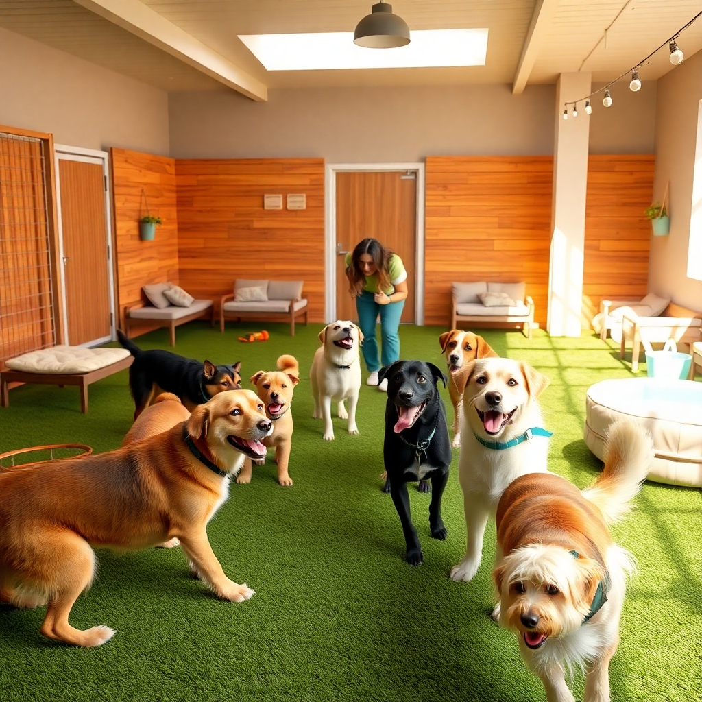 A photorealistic, 8K resolution image showing a comfortable and clean dog boarding area.  Warm, inviting lighting creates a soft glow.  The color palette is cheerful and natural, featuring calming earth tones. The image depicts several happy dogs of various breeds playing together in a spacious, enclosed yard with soft artificial turf. A visible caring staff member interacts playfully with them, ensuring safety and well-being. The background includes comfortable dog beds, water bowls, and toys. The texture of the dog fur, grass, and dog beds must be hyperrealistic.  Camera angle is a wide shot from a slightly elevated position, providing a view of the entire area.  Style reference: contemporary lifestyle photography, emphasizing natural light and candid moments. The mood should be joyful, relaxing, and reassuring, conveying a safe and enjoyable environment for the dogs.