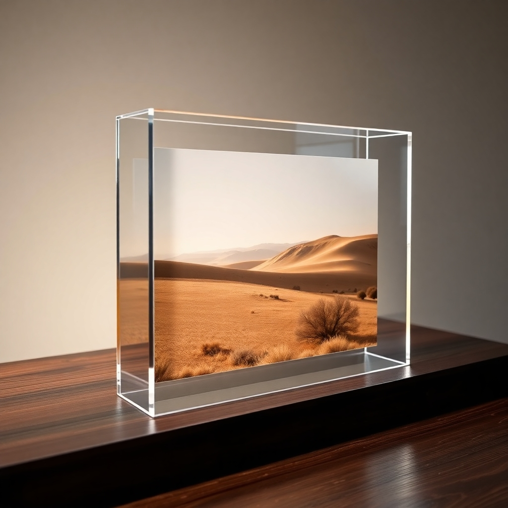 A photorealistic, 8K resolution image depicting a custom-designed acrylic photo frame.  The frame is a modern, minimalist design with clean lines and a transparent acrylic body, showcasing a high-resolution landscape photograph within. Soft diffused lighting illuminates the frame, highlighting its glossy surface and the vibrancy of the picture. The color palette is muted and sophisticated, with earth tones in the photograph and a clear, almost invisible acrylic frame. The camera angle is slightly elevated, offering a clear view of the frame and its details. The background is a simple, neutral-toned studio setting.  The texture of the acrylic is smooth and polished, reflecting light subtly.  The image should have a hyperrealistic, ultra-detailed quality, similar to the work of a renowned still-life photographer. The overall mood is calm and elegant. The frame rests on a smooth, dark wooden surface.  The image includes a subtle reflection of the surrounding environment on the polished acrylic surface. The overall style should evoke a sense of modern luxury and craftsmanship.