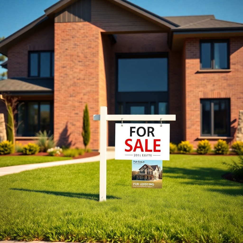A photorealistic, 8K resolution image depicting a modern, stylish house with a 'For Sale' sign in the front yard.  The image should showcase the house's exterior in bright, natural sunlight with soft shadows. The color palette should be warm and inviting, with rich earth tones and pops of green from the well-maintained lawn. The camera angle is slightly elevated, providing a wide view of the property and landscaping. The style should be reminiscent of a high-end real estate advertisement, similar to the work of renowned architectural photographers. The image should be ultra-detailed, showcasing the texture of the brickwork, the sleek lines of the windows, and the lush green of the lawn.  The scene should also incorporate various digital elements subtly integrated into the environment, such as a QR code linking to an online listing, and a virtual banner showcasing the house on various online platforms, implying extensive online marketing. The overall mood is one of aspirational luxury and ease, conveying a sense of effortless, successful home selling. Include a partially visible smartphone displaying the property listing on a real estate app. The composition should feature a balanced arrangement of elements, avoiding any clutter.