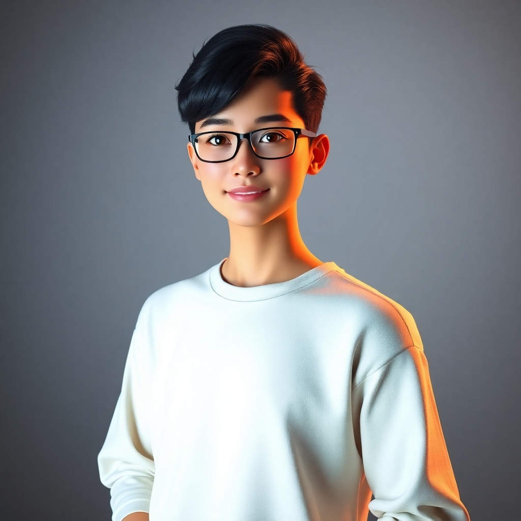 A photorealistic, hyperrealistic image of a custom-designed avatar presenter. The avatar should reflect a specific brand identity, with the clothes and overall style consistent with the brand's image.  The lighting should complement the overall brand aesthetic, with options including soft, diffused light for a calming effect or dramatic side lighting to create a more dynamic feel.  The color palette should align precisely with the brand's existing palette.  The background can incorporate subtle brand elements or be a clean, neutral space.  The camera angle and perspective should be carefully chosen to showcase the avatar's features and convey the desired message.  The level of detail should be extremely high, with realistic skin textures, fabric rendering, and hair details. The style should match the aesthetic direction of the provided brand materials.  Technical Specifications: 8K resolution, hyperrealistic rendering with focus on fine details and textures.