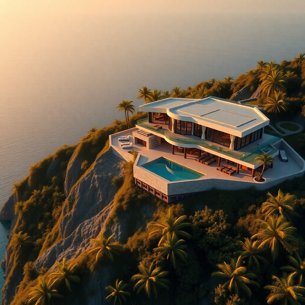 A photorealistic, ultra-high definition (8K) image depicting a stunning luxury villa rendered in 3D. The villa is situated on a hill overlooking a serene ocean, with lush tropical vegetation surrounding it. The time of day is late afternoon, with warm, golden light casting long shadows. The image should capture the villa's elegant architectural features: its clean lines, spacious terraces, infinity pool, and panoramic windows. The style should be inspired by high-end architectural visualizations from top design firms. The color palette consists of warm, earthy tones, with accents of blue from the ocean. Materials should be highly detailed, showcasing the texture of stone, wood, glass, and metal. The camera angle should be an aerial perspective, capturing the overall grandeur of the villa and its surrounding landscape.  The image should display the subtle reflections of the sunset on the glass and the pool, emphasizing realism and high-quality rendering. The mood is luxurious, tranquil, and inspiring.