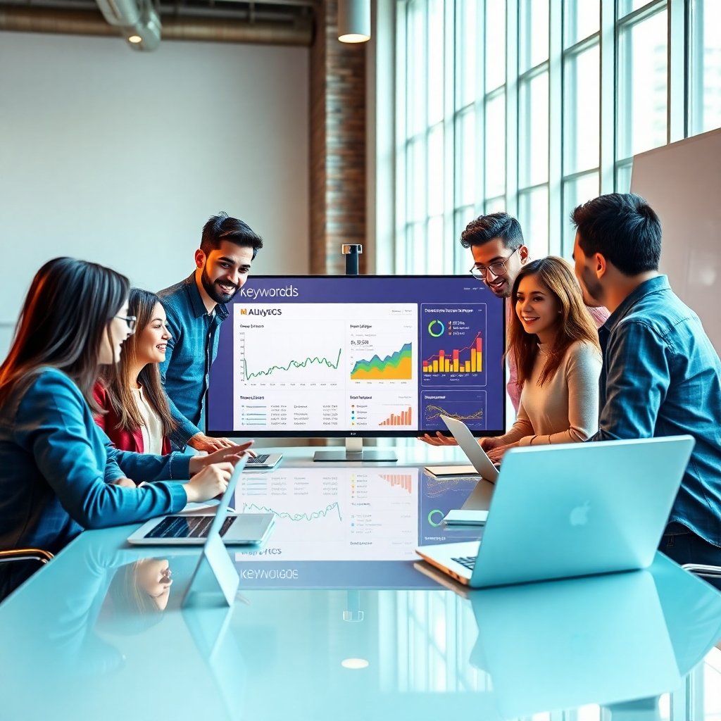A photorealistic, ultra-high-detailed 8K image showing a team of young, diverse professionals collaborating around a large monitor displaying website analytics and SEO keywords.  The scene is set in a brightly lit, modern coworking space filled with natural light. The lighting should be dynamic, with light streaming in from a large window. The color palette is vibrant and energetic, featuring bright blues, greens, and oranges. The camera angle is slightly elevated, offering a view from across the table. Materials such as sleek, glass tabletops and modern office chairs should be vividly rendered with realistic textures. Background details include a whiteboard with strategic diagrams and laptops displaying relevant data. The overall mood is collaborative, innovative, and successful. Style reference: Stock photos from Adobe Stock depicting successful tech startups. Hyperrealistic rendering, ultra-detailed textures, and dynamic lighting are essential.