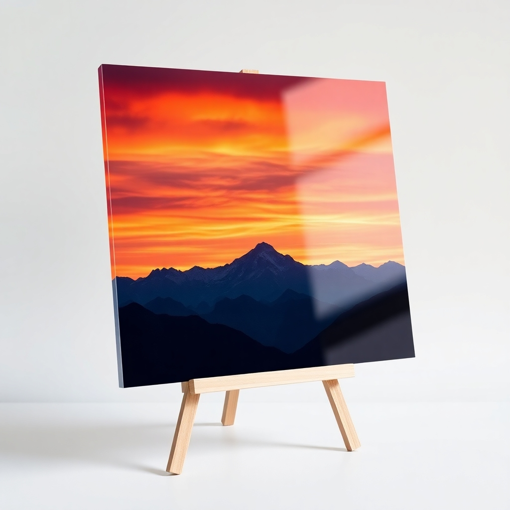 A photorealistic, ultra-high definition (8K resolution) image of a vibrant landscape photograph printed on a glossy acrylic panel. The image depicts a serene sunset over a mountain range, with soft, diffused lighting creating a warm, inviting atmosphere. The colors are rich and saturated, with a focus on deep oranges, reds, and purples in the sky, contrasting with the cool blues and greens of the mountains.  The acrylic panel is displayed on an easel against a clean white background, slightly angled to showcase its reflective properties. The texture of the acrylic is visible, with a subtle gloss and sheen. The overall mood is calm and tranquil. The style is reminiscent of Ansel Adams' landscape photography, focusing on sharp details and dramatic contrasts.  The camera angle is slightly elevated, offering a wide perspective of the landscape. The image should showcase the high quality and sharpness of the UV print, free from any visible pixelation or artifacts. The lighting is natural and soft, minimizing harsh shadows. The scene includes visible texture detail of the mountain's terrain and sky clouds