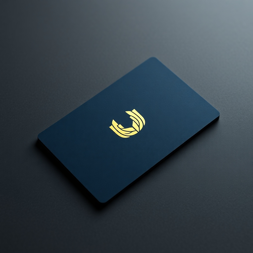 A photorealistic, ultra-high definition (8K) image of a sleek, modern logo design displayed prominently on a high-end business card. Soft, diffused lighting illuminates the card, highlighting the logo's intricate details and textures. The color palette is sophisticated and minimalist, using deep blues and metallic gold accents. The background is a subtly textured, dark gray surface. The camera angle is a slight overhead shot, emphasizing the card's clean lines. The logo should appear bold and memorable, reflecting creativity and professionalism. The style should be reminiscent of the work of renowned graphic designers like Paul Rand.  The final render should exhibit hyperrealistic detail and texture, showcasing the premium quality of the design. The business card should be subtly textured, possibly with a linen finish.  Include a subtle reflection of the lighting in the logo’s metallic elements. The overall mood should be one of elegance and sophistication.