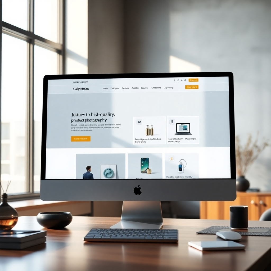 A photorealistic, ultra-high definition (8K) image depicting a modern, responsive website design on a large iMac screen, bathed in soft, diffused natural light from a large window. The website showcases high-quality product photography, clean typography, and intuitive navigation. The color palette is sophisticated and calming, using muted blues, grays, and accents of gold. The scene is set in a minimalist, modern office with subtle textures like polished wood and concrete. The camera angle is slightly elevated, looking down on the iMac. The image style emulates the work of Annie Leibovitz, emphasizing a sense of calm professionalism and high-end quality.  The background features subtly blurred office elements, maintaining focus on the website design. The overall mood is confident, professional, and trustworthy, reflecting the quality of the website design.  Detailed textures are present on the iMac screen and surrounding surfaces. The image should possess a hyperrealistic quality, capturing fine details in the reflections on the screen and the surrounding objects.