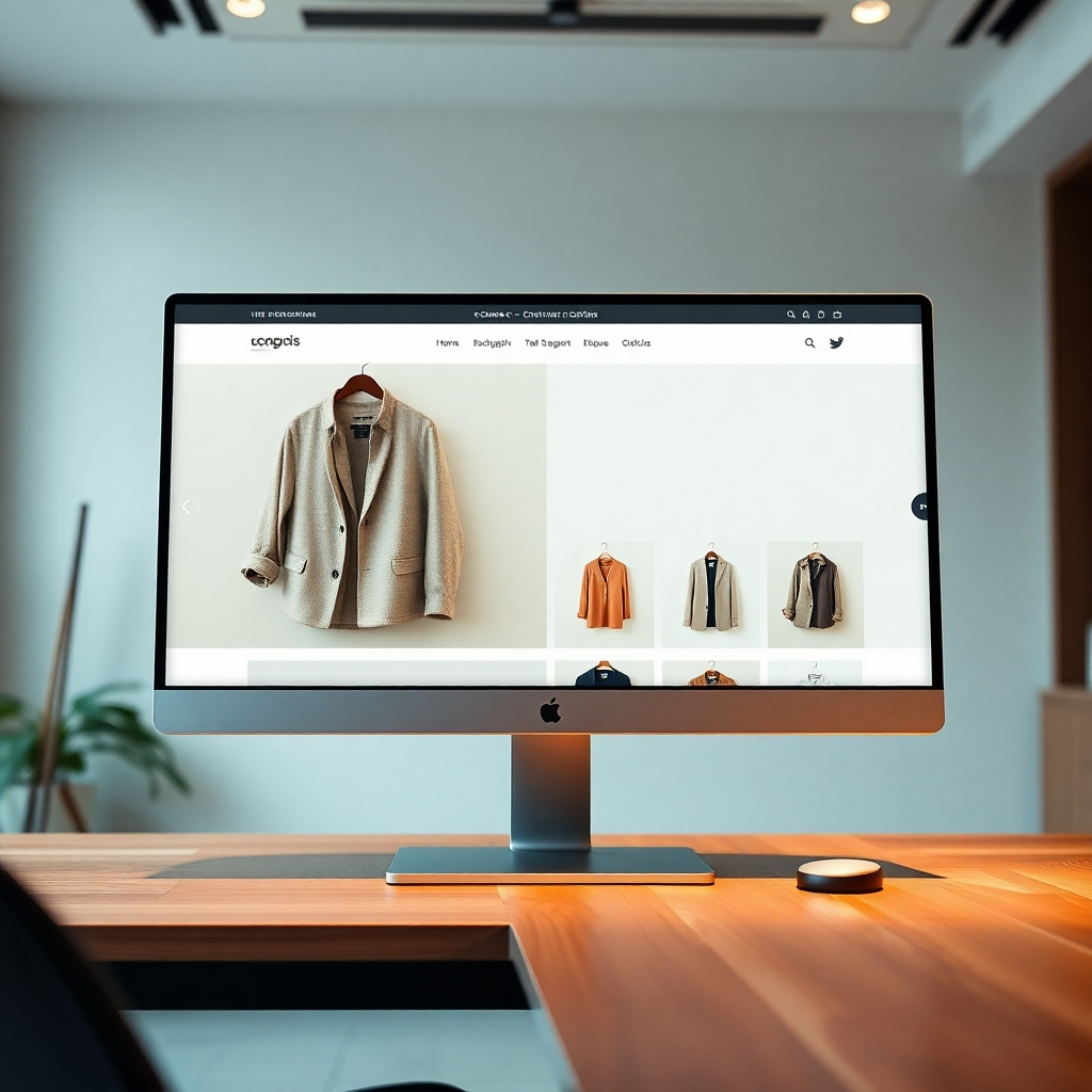 A photorealistic, ultra-high quality 8K image depicting a modern, clean and professional e-commerce website design on a high-resolution monitor.  The website showcases high-quality product photography of clothing items. The lighting is soft and diffused, creating a warm and inviting atmosphere. The color palette is sophisticated and elegant, using neutral tones with pops of brand colors. The camera angle is a slightly elevated perspective, looking down onto the monitor. The monitor is placed on a sleek, minimalist wooden desk in a modern office setting.  Textures should be highly detailed: the smooth glass of the monitor, the grain of the wood desk, the fine details in the clothing fabrics.  The background is softly blurred, showing a stylish, modern office space. The overall mood is professional, trustworthy, and inviting.  Style reference: Annie Leibovitz's portraiture, blended with the clean aesthetic of Apple product photography.  Hyperrealistic rendering, ultra-detailed textures, and realistic reflections are crucial.