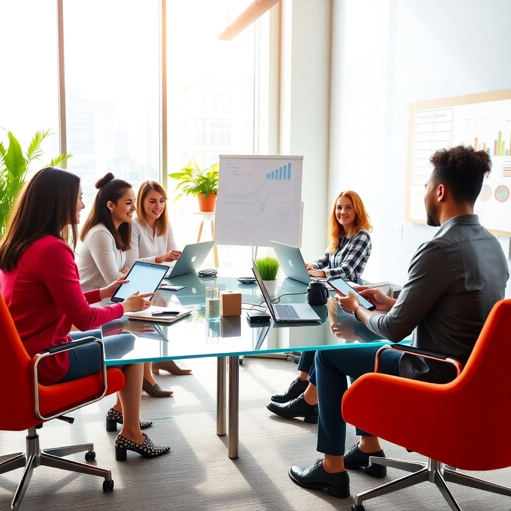 A photorealistic, ultra-high quality 8K resolution image depicting a modern, sleek office space with a team of diverse, happy professionals collaborating on digital marketing projects. The scene is brightly lit by natural light streaming through large windows, creating a warm and inviting atmosphere. The color palette is vibrant and energetic, with pops of ZmartDigit's brand colors (assuming a modern and sophisticated color scheme - please specify if you have existing brand guidelines) incorporated subtly throughout the scene. The camera angle is slightly elevated, providing a dynamic perspective of the team in action. The overall mood is optimistic, professional, and innovative.  Textures and materials include smooth glass desks, polished metal accents, plush comfortable chairs and soft carpets. Environmental elements include plants and modern artwork that contribute to the clean and professional aesthetic.  Props might include laptops, smartphones, tablets displaying various marketing analytics and data dashboards, and maybe a whiteboard with strategic planning visible in the background. The style should evoke a feeling of high-tech professionalism, similar to the imagery found in successful tech company websites and marketing materials.  The overall look should be hyperrealistic, with sharp details and a high level of polish. Aim for a cinematic quality, reminiscent of still images from a high-end commercial., ultra high resolution, photorealistic, 8K, hyperdetailed, cinematic lighting