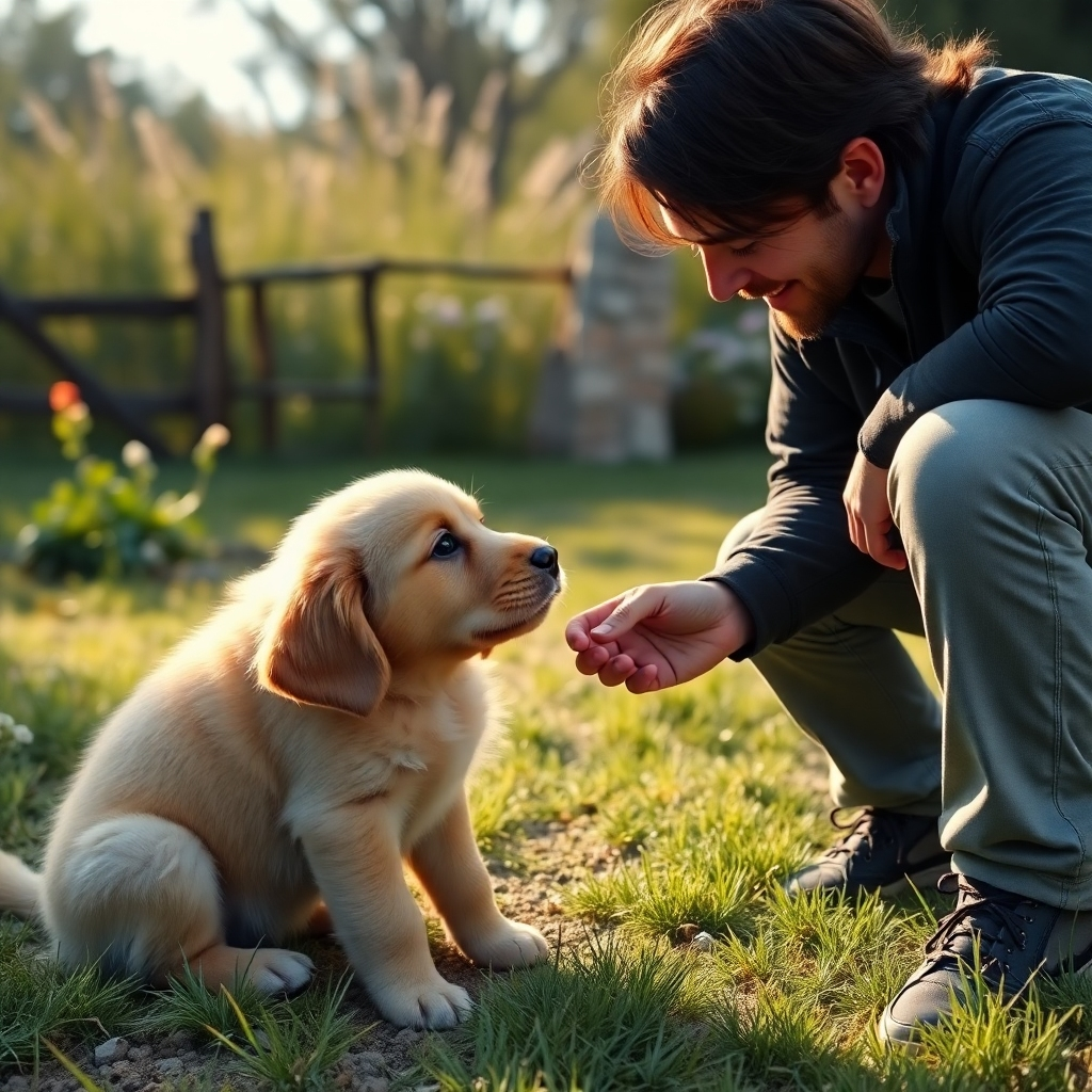 A photorealistic, ultra-high quality 8K image depicting a golden retriever puppy diligently learning basic commands from a kind, smiling trainer in a spacious, sunlit outdoor training area. Soft diffused lighting, warm color palette evoking a sense of calm and trust. The trainer is kneeling, interacting positively with the puppy, who is attentively focused on a treat.  The background includes lush green grass, flowering plants, and a partially visible rustic fence.  Camera angle is from a slightly low perspective, showcasing the puppy and trainer at eye level.  Texture details of the grass, puppy's fur, and trainer's clothing are hyperrealistic.  Style reference: Sebastião Salgado's documentary photography style.  The overall mood is serene, positive, and educational. Include detailed rendering of fur, eyes, and expressions of both the dog and trainer. The image should convey a strong sense of connection and positive reinforcement.