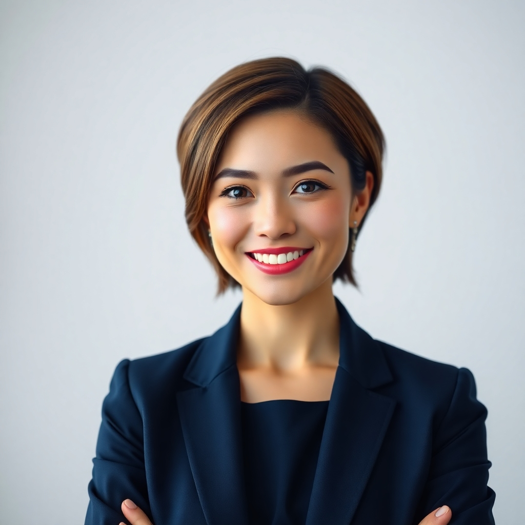 A photorealistic, ultra-high-resolution (8K) image of a friendly, approachable female avatar presenter with short, stylish brown hair. She's wearing a modern, professional business outfit in shades of navy blue and white. Soft, diffused lighting illuminates her from the front, casting subtle shadows to enhance her features. The color palette is sophisticated and calming, conveying professionalism and trustworthiness.  The background is a minimalist, clean white studio setting. The camera angle is slightly above eye level, creating a flattering and engaging perspective.  Her expression is warm and inviting, and she's making eye contact with the viewer. The overall mood is confident and positive. The texture of her clothing should be smooth and professional; her skin appears flawless and realistic with fine details.  The image should be in the style of Annie Leibovitz's portrait photography, emphasizing natural beauty and effortless elegance.  The image should be hyperrealistic with ultra-detailed rendering of the hair, skin, and clothing textures.