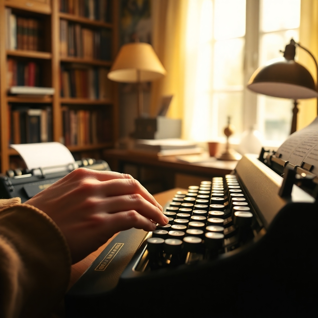 A photorealistic, ultra-high-resolution 8K image of a writer's hands typing on a vintage typewriter in a cozy, sunlit room.  The scene is bathed in soft, warm light streaming from a nearby window.  The color palette is warm and inviting, with soft yellows, browns, and creams. The camera angle is a close-up, focusing on the hands and the typewriter. The textures of the typewriter keys, the paper, and the writer's hands are incredibly detailed. The background features bookshelves filled with well-worn books and a vintage desk lamp.  The overall mood is calm, focused, and creative. Style reference: The photographs of Steve McCurry, focusing on the detail and texture.  The image should reflect a sense of craftsmanship and care for detail. Hyperrealistic rendering, ultra-detailed textures, and realistic lighting are crucial.