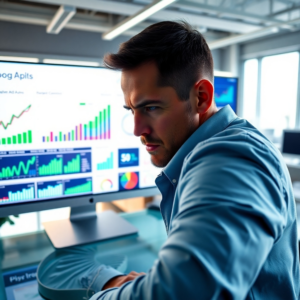 A photorealistic, ultra-high-resolution (8K) image depicting a data analyst in a modern, brightly lit office, intensely focused on a large monitor displaying Google Ads campaign performance data. The monitor showcases graphs, charts, and key performance indicators (KPIs) in a vibrant, data-rich visualization. The color palette is dynamic, with pops of vibrant green and blue highlighting positive trends. The lighting is a mix of soft ambient lighting and focused task lighting on the monitor. The camera angle is slightly over-the-shoulder, emphasizing the analyst’s concentration. The style emulates the work of Steve McCurry, conveying a sense of intensity and analytical precision. The background shows a modern office setting, subtly hinting at a bustling, successful team. The overall mood conveys the power and efficacy of Google Ads. The image should be hyperrealistic, showing fine details in the data visualizations and the analyst’s focused expression.  Materials are sleek, modern office furnishings, including a glass desk and polished metal accents.  The image should be hyper-detailed, capturing reflections on the monitor and ambient office environment.