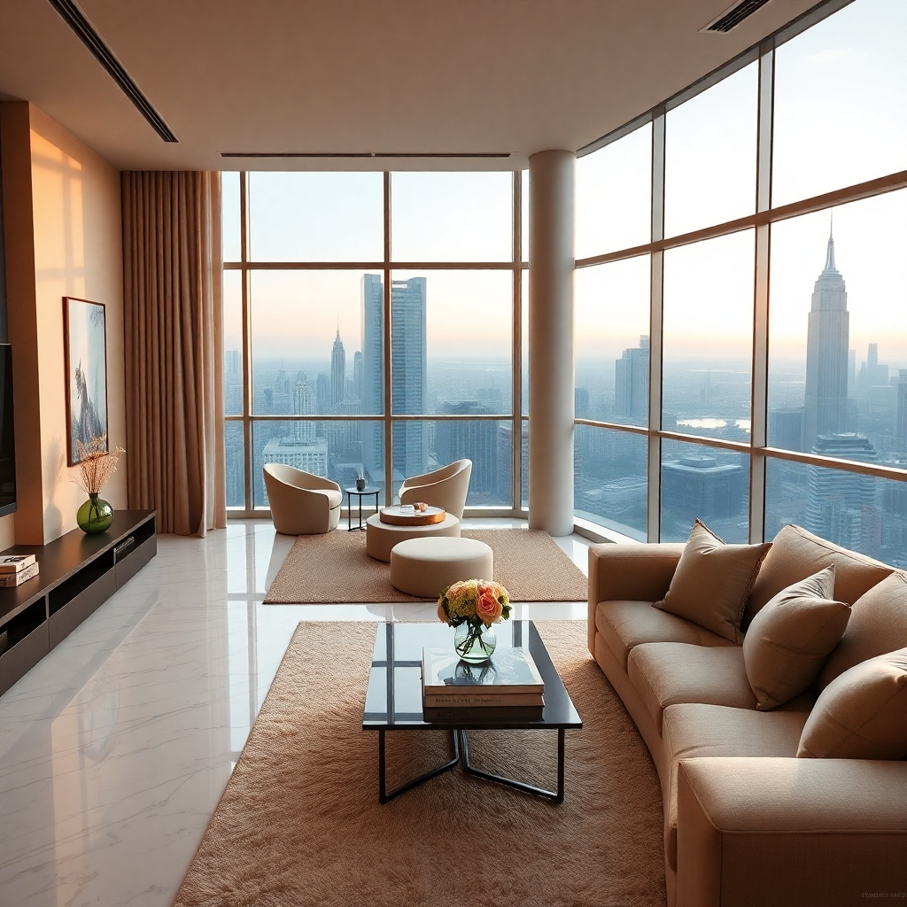 A photorealistic, ultra-high-resolution (8K) image depicting a modern, luxurious condo unit with stunning city views. The scene is bathed in soft, warm, diffused lighting, creating a welcoming and inviting atmosphere.  The camera angle is from a slightly elevated position, offering a wide view of the living room and balcony. Focus on showcasing high-quality textures and materials: smooth marble floors, plush carpets, sleek modern furniture.  The color palette is warm and sophisticated: beige, cream, and subtle accents of gold and grey.  Subtle details like fresh flowers, a stylish coffee table book, and artfully placed throw pillows add to the luxurious feel. In the background, the cityscape is visible, blurred slightly to maintain focus on the interior. The image should be styled in the manner of a high-end real estate advertisement, similar to those featured in Architectural Digest. The overall mood is one of elegance, sophistication, and aspirational living. The image is hyperrealistic, with ultra-detailed textures and materials, showcasing the exceptional quality of the property. Environmental elements include large windows offering a panoramic view of the city skyline at sunset, and a stylish balcony with comfortable outdoor furniture.