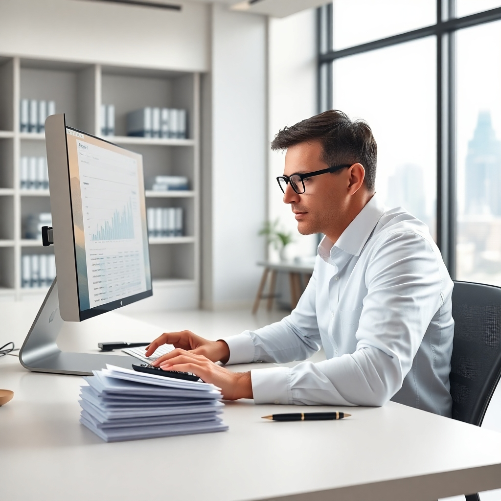 A photorealistic, ultra-high-resolution 8K image depicting a modern, brightly lit accounting office.  The scene focuses on a meticulous accountant, mid-30s, wearing a crisp white shirt and glasses, intensely focused on a computer screen displaying detailed financial spreadsheets. Soft, diffused lighting illuminates the workspace, casting gentle shadows.  The color palette is clean and professional, featuring shades of white, gray, and subtle blues. A stack of neatly organized financial documents, a calculator, and a pen rest on a clean, minimalist desk. The background subtly features other office elements, such as bookshelves with financial textbooks and a cityscape view through a large window, indicating a successful and thriving business environment. The camera angle is a slightly elevated medium shot, focusing on the accountant's focused expression and their meticulously organized workspace.  The overall mood is one of precision, order, and efficiency.  The image should evoke a sense of trust and professionalism.  Texture details should be highly realistic, showcasing the smoothness of the computer screen, the matte finish of the desk, and the crisp texture of the paper documents.  The style should emulate the work of Annie Leibovitz, known for her crisp, detailed portraits in professional settings.  Hyperrealistic rendering with ultra-detailed textures and sharp focus is required.