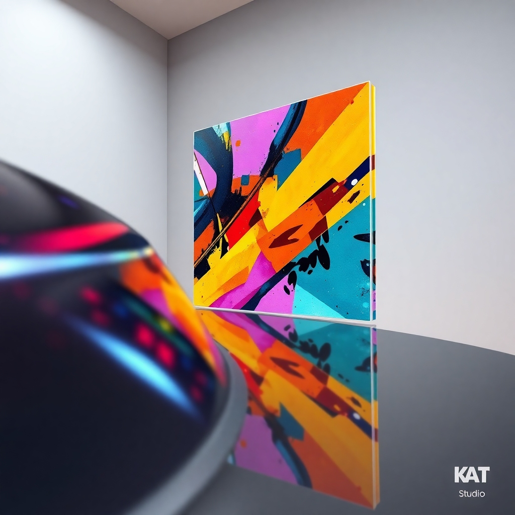 A photorealistic, ultra-high-resolution (8K) image depicting a vibrant, colorful digital artwork printed on a glossy acrylic panel.  The artwork should be a modern abstract piece featuring bold geometric shapes and a mix of warm and cool colors. The acrylic panel should be subtly reflected in a nearby polished metal surface.  The lighting should be soft and diffused, emphasizing the artwork's texture and vibrancy.  The camera angle should be slightly elevated, looking down at the acrylic panel at a 30-degree angle. The background should be a minimalist, neutral-toned studio environment. The overall mood is sleek, modern and luxurious.  The style should evoke the feeling of high-end art prints. The image should showcase exceptional detail and clarity, including the subtle reflections and textures of the acrylic and metal.  The colors are bold, saturated and accurate, with a focus on achieving a true-to-life representation of the artwork. The image should include a small, subtly placed logo of 'KAT Studio' in a discreet corner