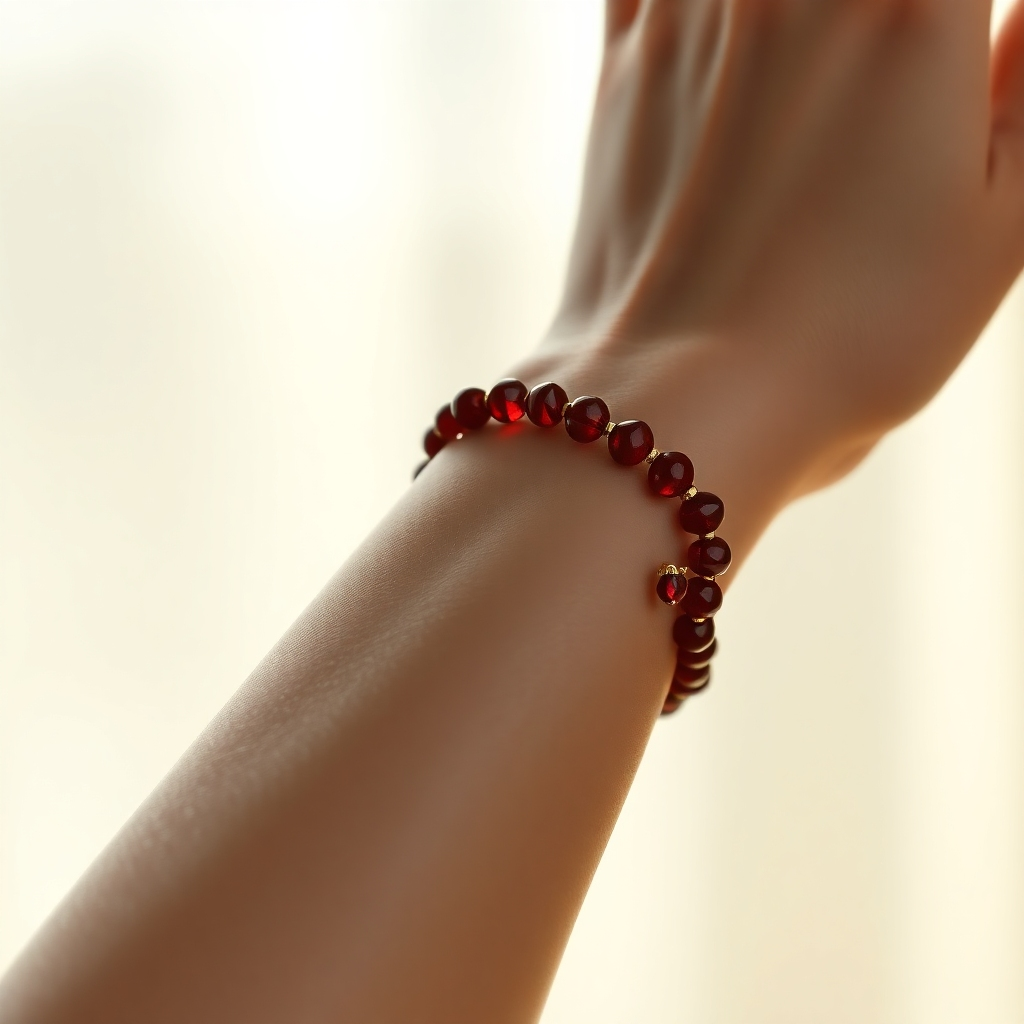 A photorealistic close-up image of a woman's wrist adorned with an elegant bracelet made of deep red gemstone beads, with a subtle gold clasp. The bracelet should be prominently displayed against a soft, natural light background. The woman's hand should be subtly shown, with a focus on the bracelet's texture and shine. The overall mood should be one of confidence and empowerment.