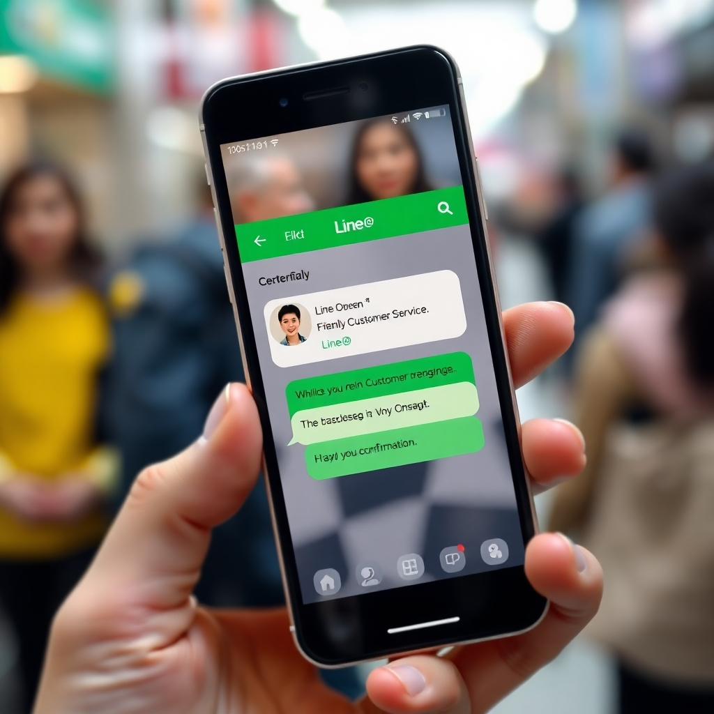 A photorealistic close-up image of a smartphone displaying a Line@ chat interface. The chat shows a customer successfully ordering 'วันแฟนกาแฟกระชับรัก' and a friendly customer service representative responding with confirmation. The smartphone should be held in a hand with a blurred background suggesting a busy lifestyle.