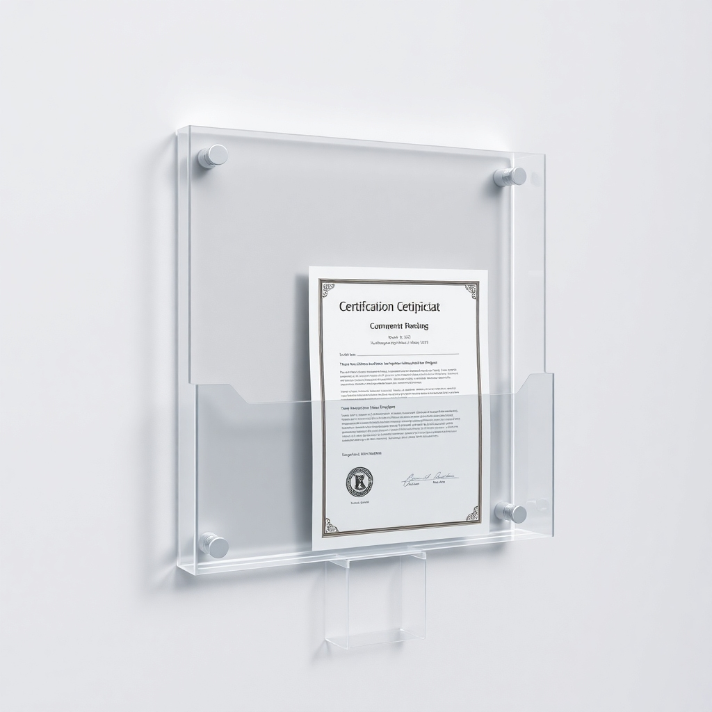 A photorealistic close-up image of a clear acrylic wall-mounted document holder with a certificate inserted. The holder should be sleek and modern, showcasing its transparency and minimalist design.  The background should be a clean, light-grey wall. Focus on the clean lines and the ease of use.