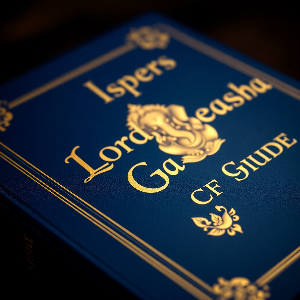 A photorealistic close-up image of a beautifully bound book, 'The Whispers of Lord Ganesha Oracle Guide', with a cover featuring elegant gold lettering against a rich, deep blue background. A subtle image of Lord Ganesha could be embossed or subtly printed on the cover. The image should highlight the high-quality materials and craftsmanship, emphasizing the book's aesthetic appeal.
