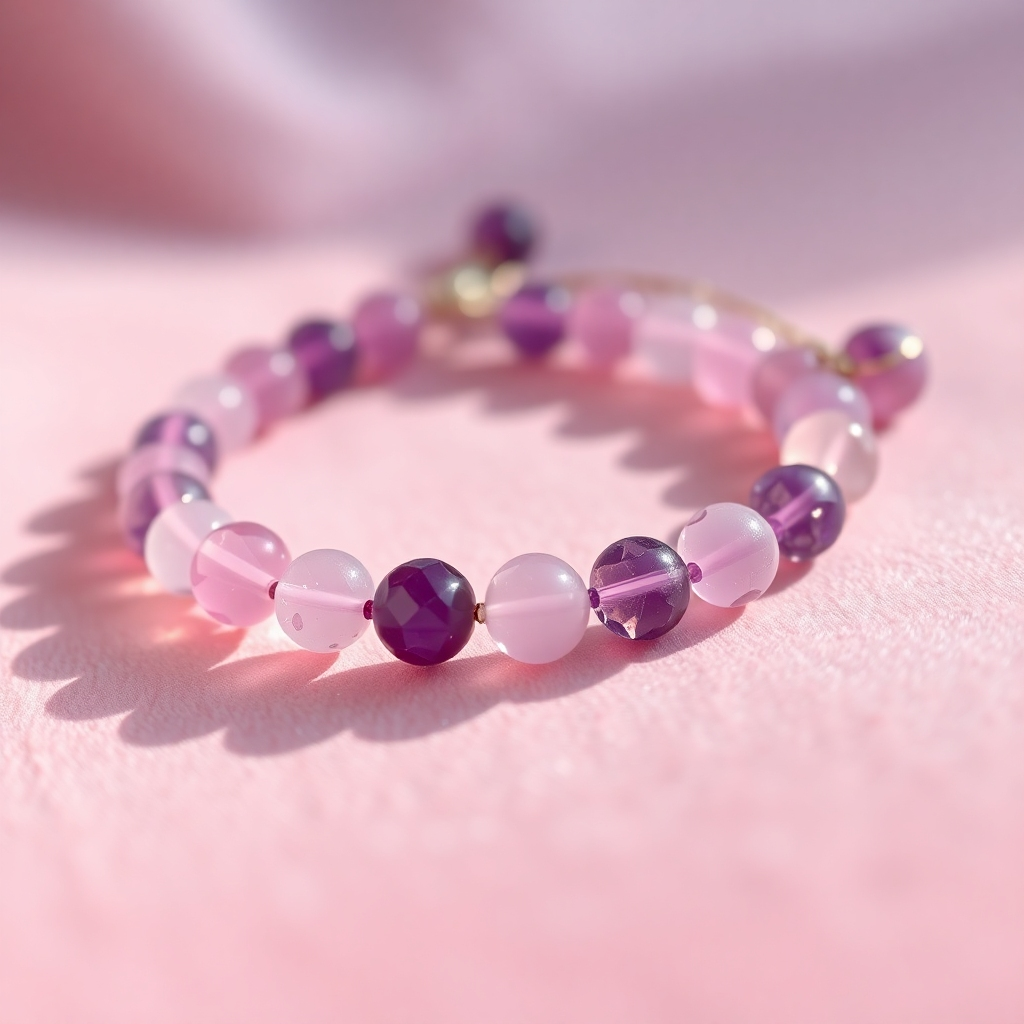 A photorealistic close-up image of a delicate bracelet made with rose quartz and amethyst beads. The bracelet is elegantly arranged on a soft pink velvet background, with soft, natural light illuminating the gemstones.  Focus on the intricate details of the beads and their natural textures. High-resolution, sharp focus, vibrant colors.