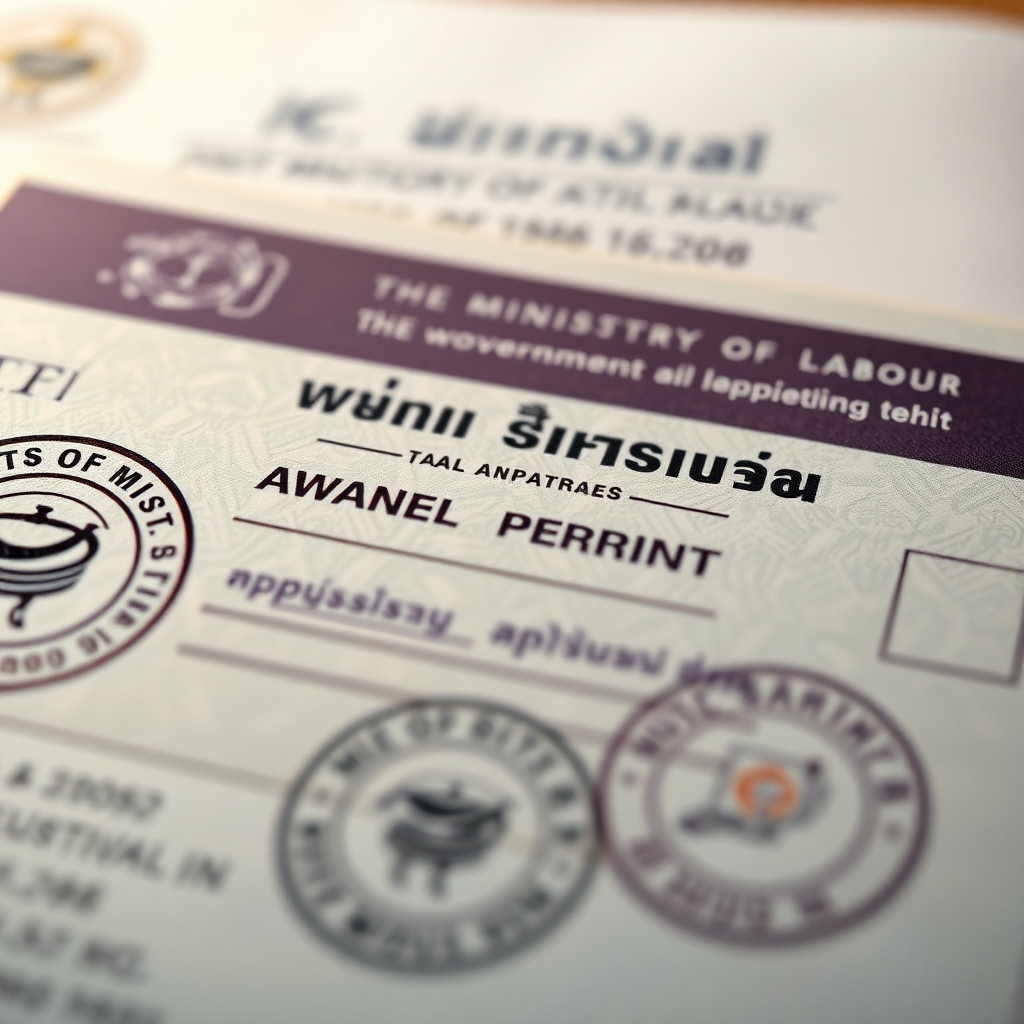 A photorealistic close-up of a Thai work permit, clearly displaying official stamps and seals, with a subtle background hinting at the Thai Ministry of Labour. The lighting is focused and precise, highlighting the authenticity and importance of the document. The color palette is official and trustworthy, using government-approved colors. The camera angle is a macro shot, emphasizing the document's details.
