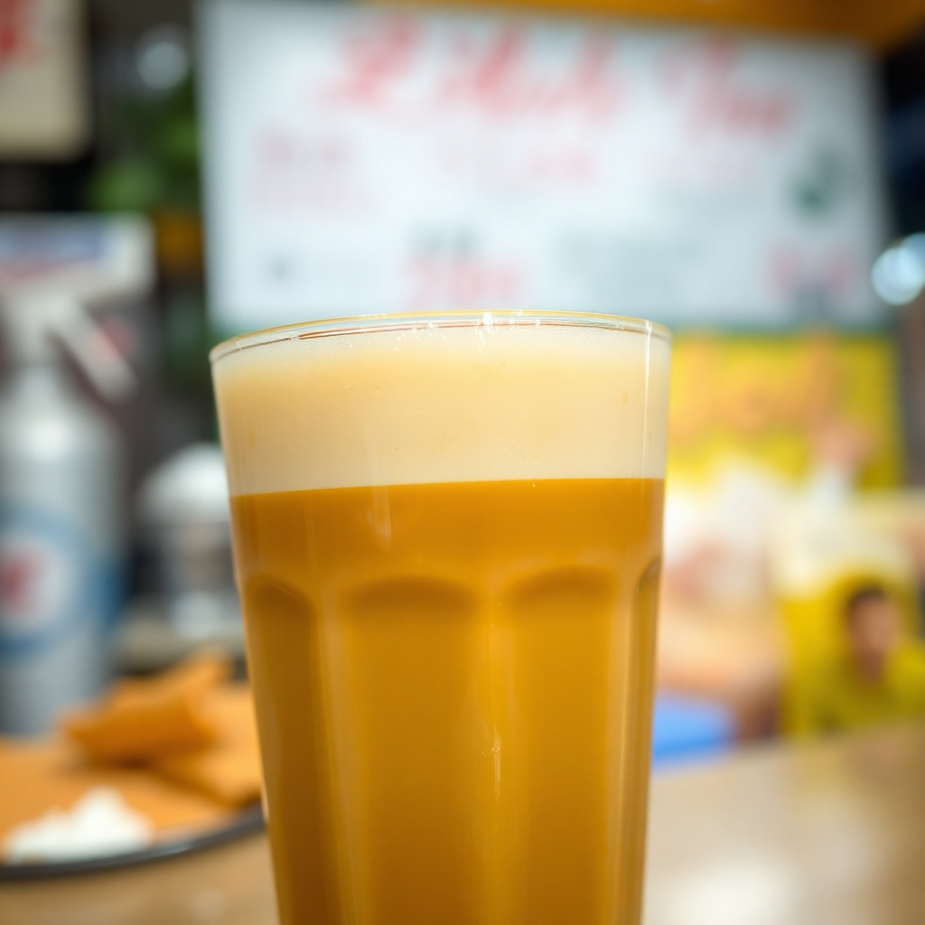 A photorealistic, close-up shot of a glass of cheese tea with a thick layer of creamy cheese foam. The background should be a blurred image of a street food stall.  High-quality 4K resolution.